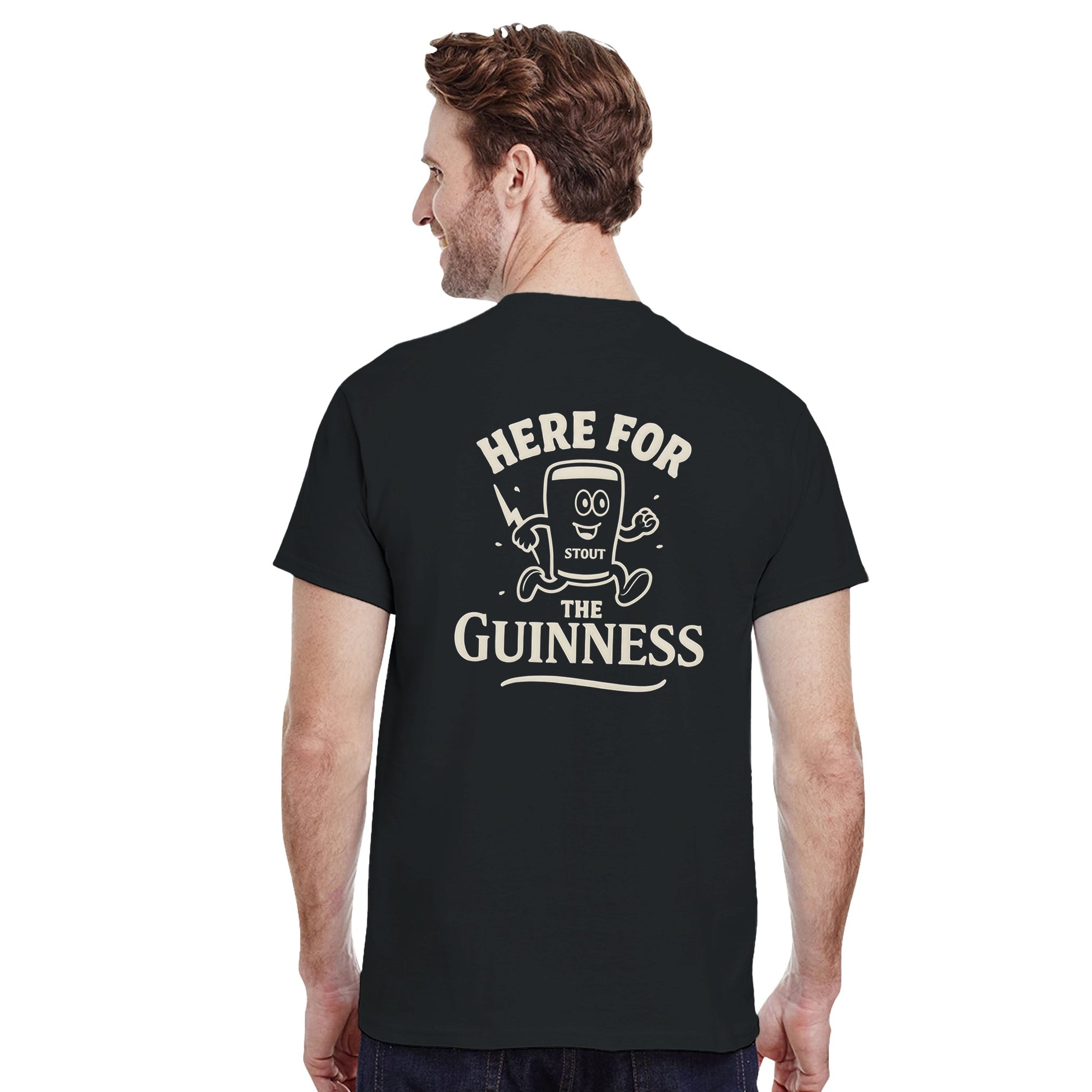 Man wearing a black 'Here for the Guinness' stout cartoon graphic tee from the back, perfect for beer lovers.