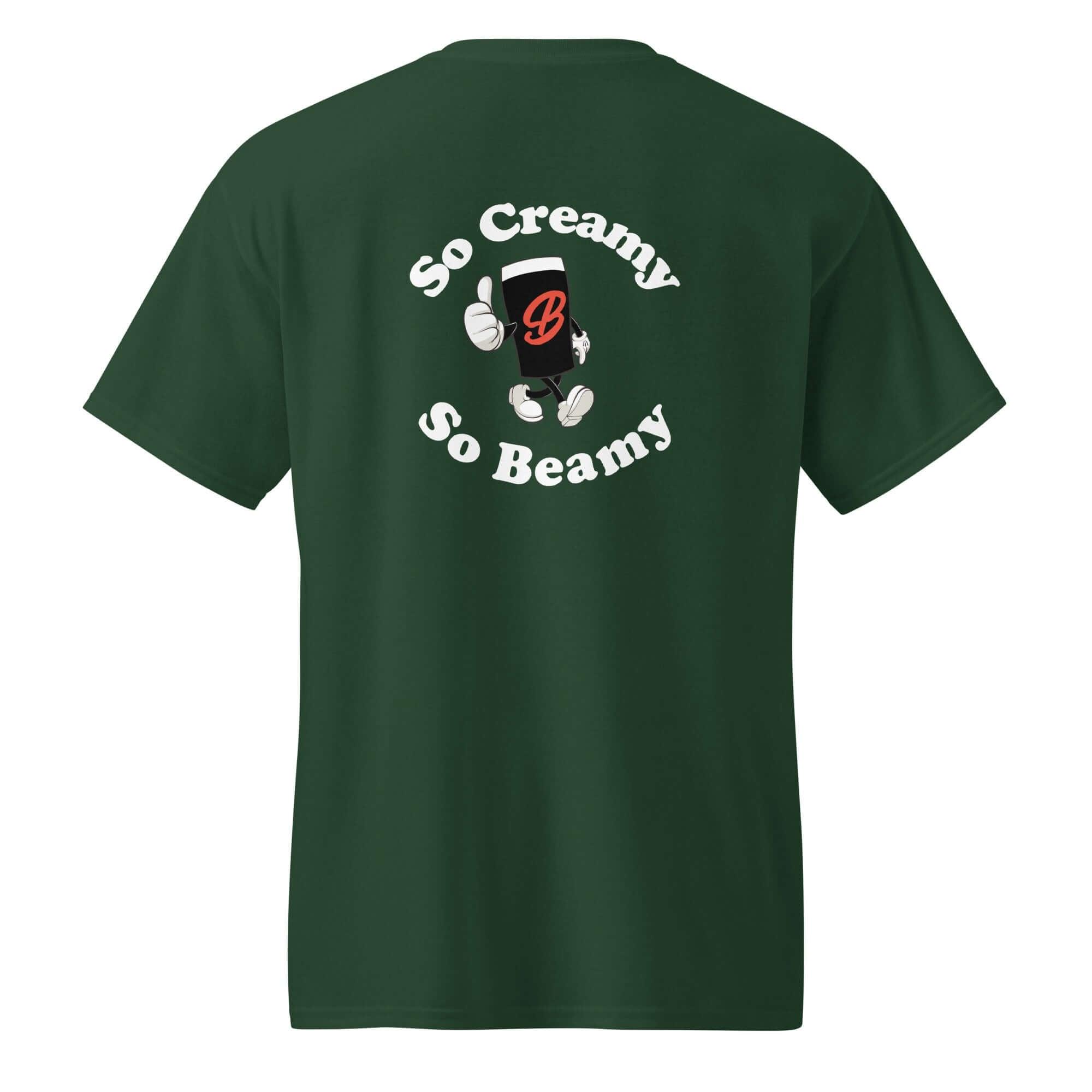 Back view of the green Creamy Beamy Tee featuring a cartoon creamy pint and the phrase 'So Creamy, So Beamy'.