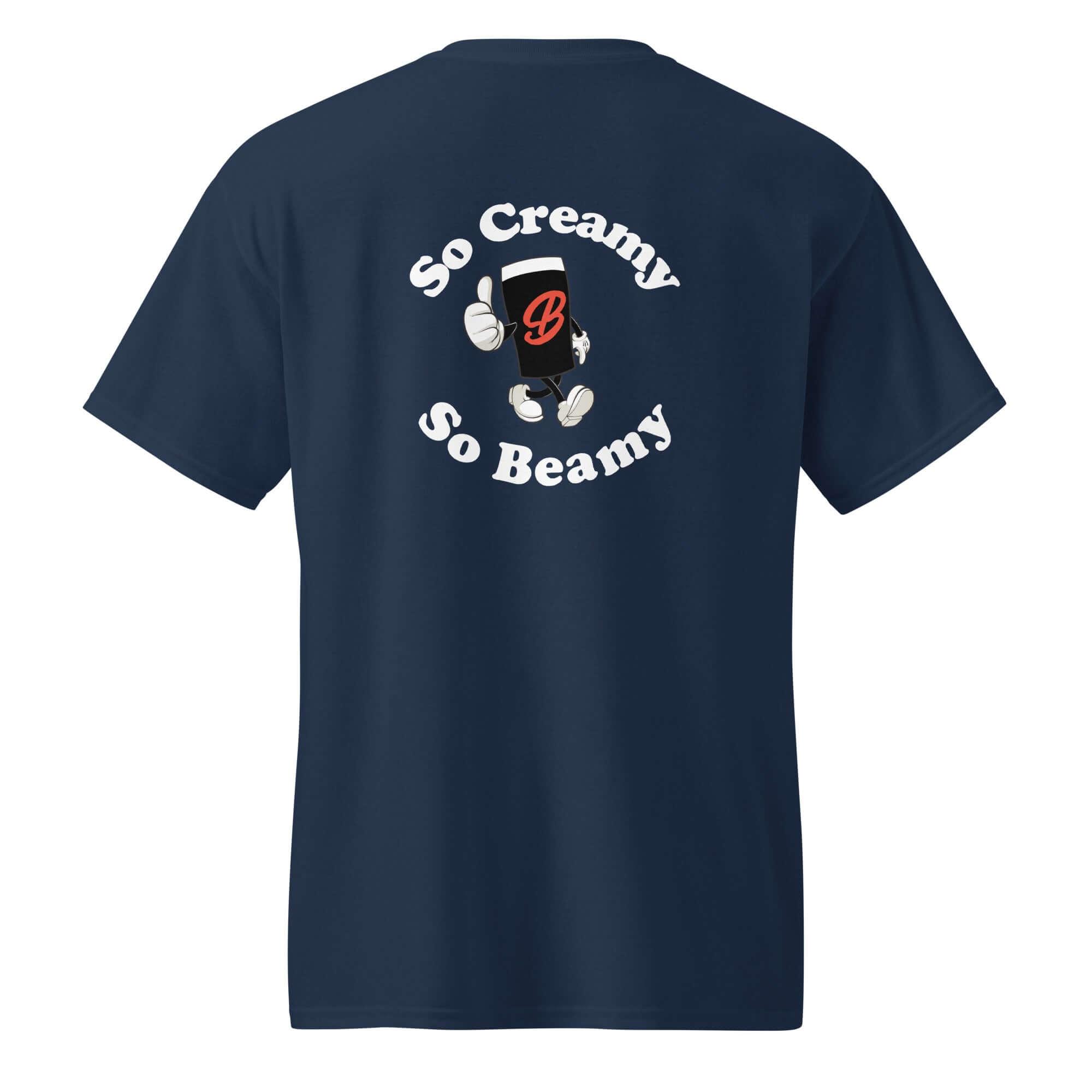Back of Creamy Beamy Tee featuring cartoon character and text 'So Creamy, So Beamy' for stout drinkers.