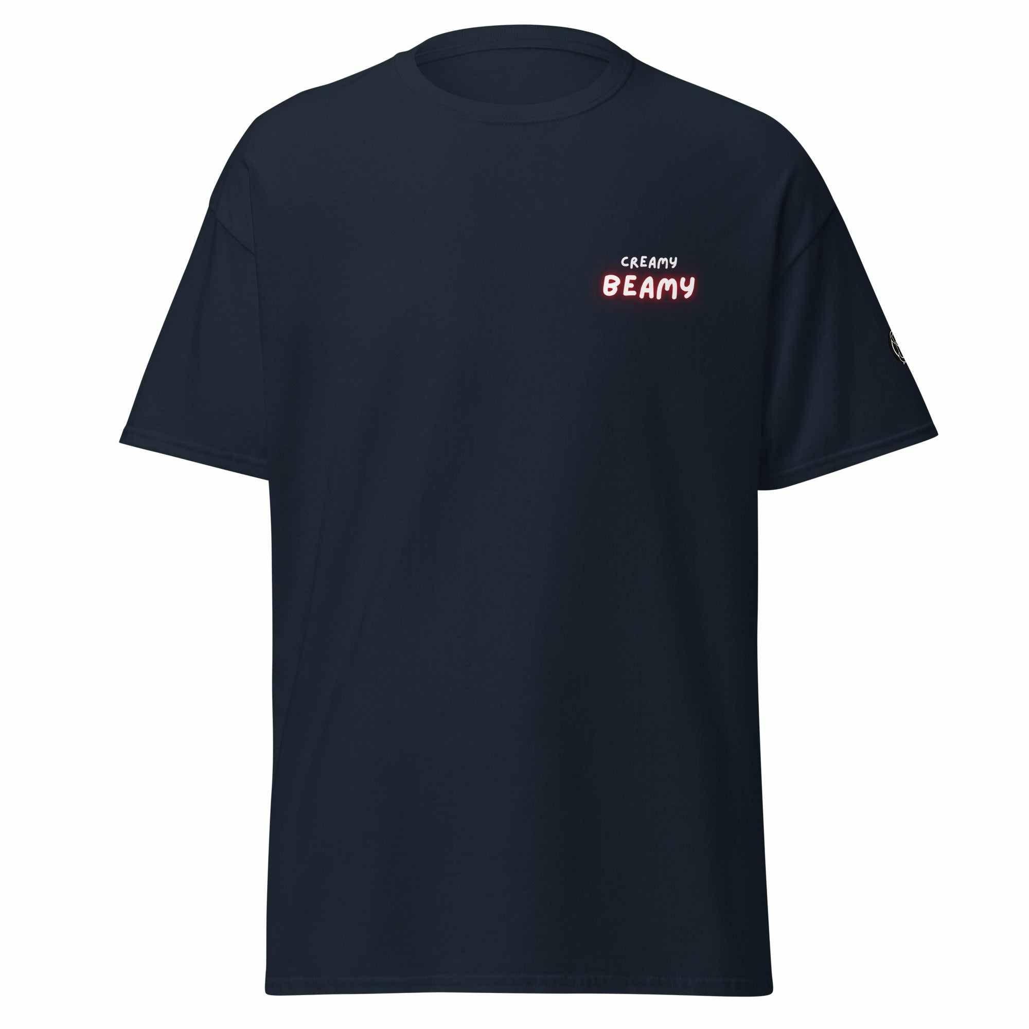 Navy blue Creamy Beamy Uni Sex T-shirt celebrating Beamish Irish Stout with a bold playful design.