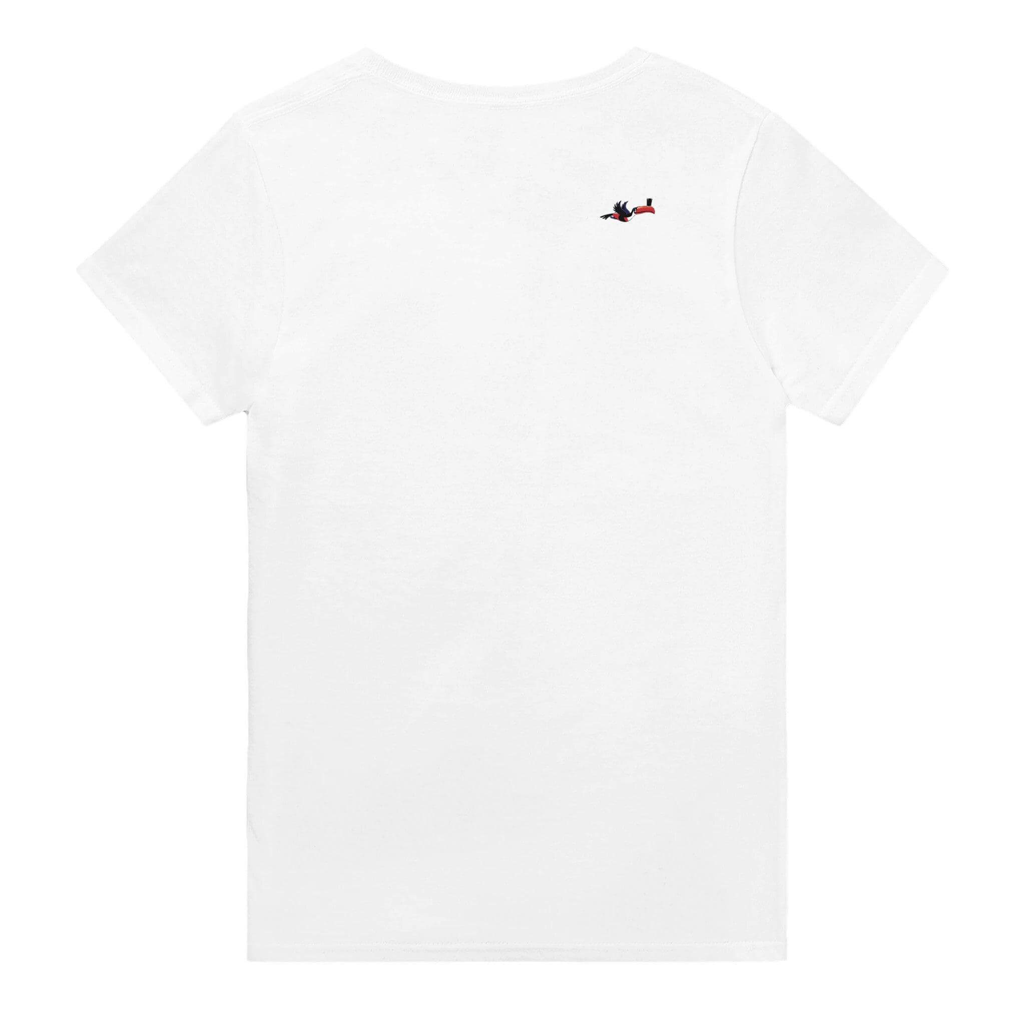Back view of a white t-shirt featuring a small design, emphasizing comfort and casual style for Guinness lovers.