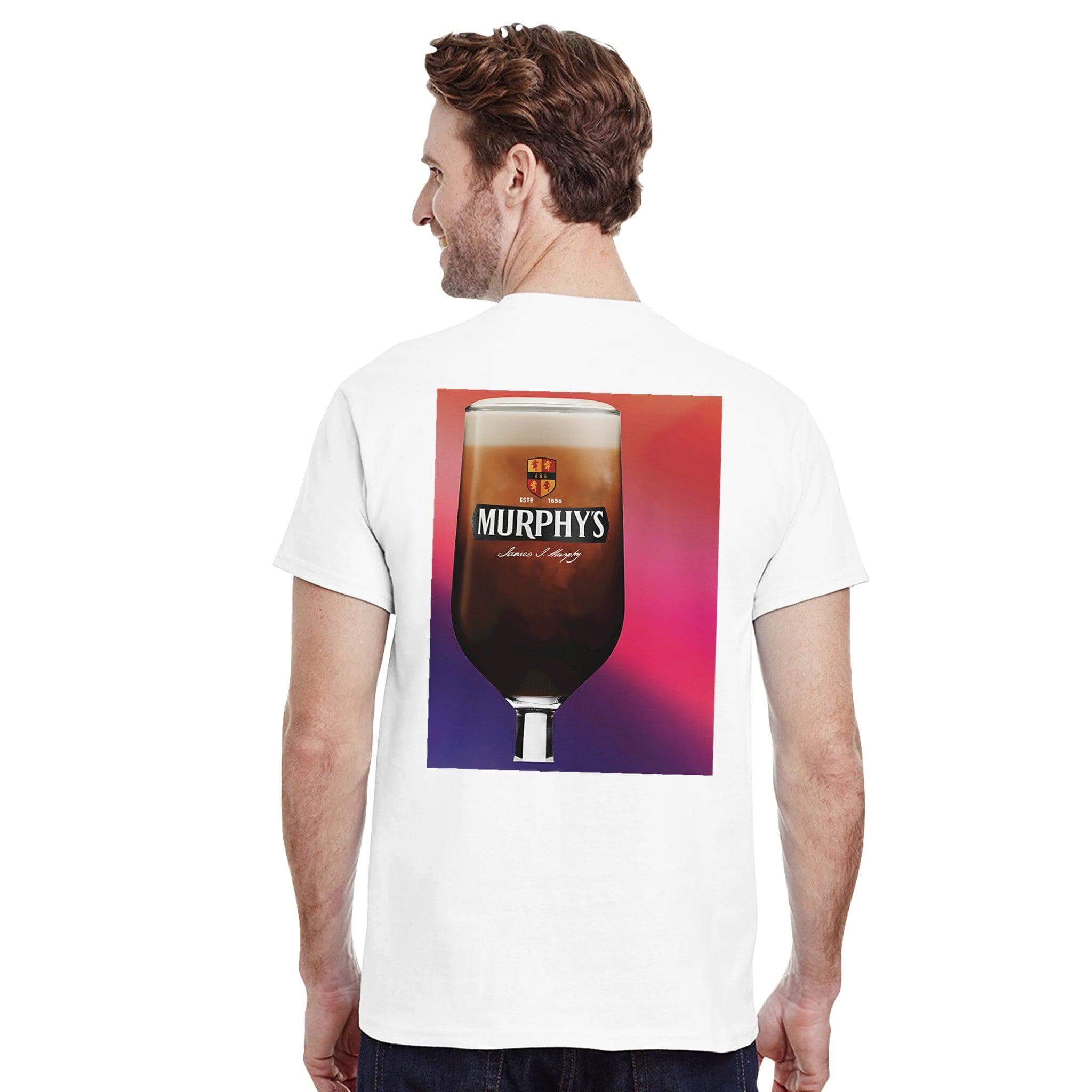 Man wearing Murphys Irish Stout Cotton T-Shirt featuring a colorful glass of stout on the back, perfect for beer lovers.