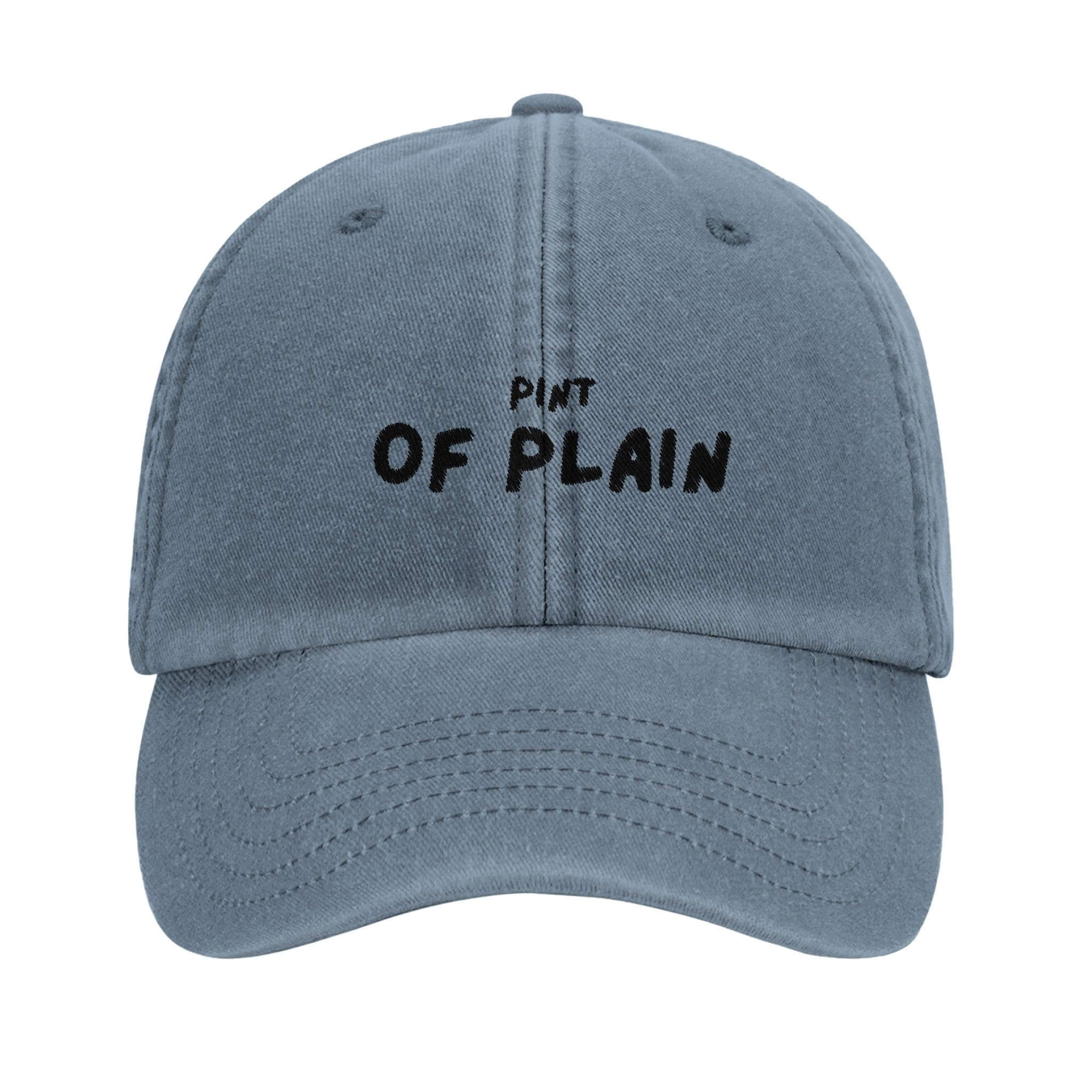 Vintage blue Dad hat with 'Pint of Plain' embroidery for casual style and comfort.