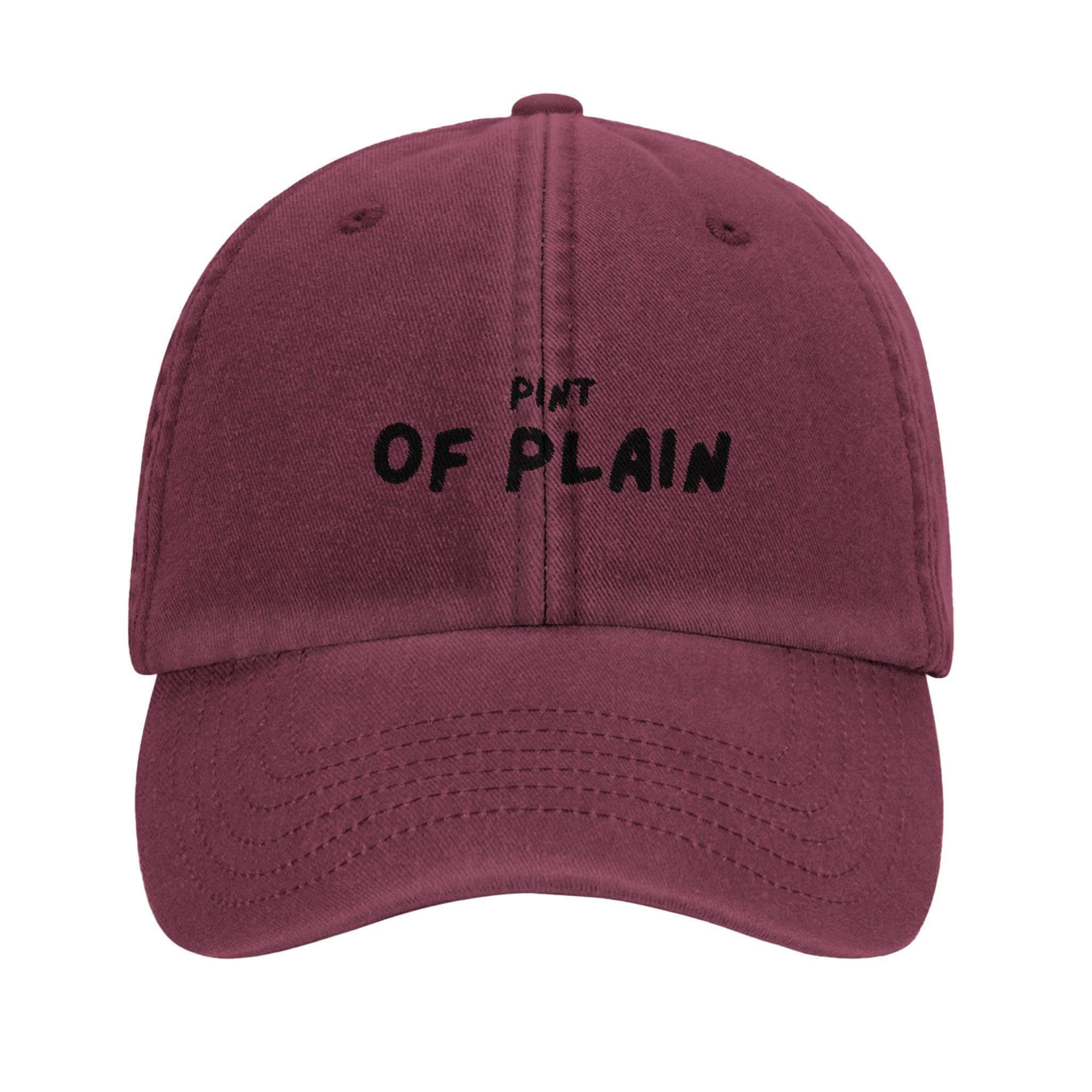 Pint of Plain dad hat in maroon, featuring a fun design and comfortable brushed washed cotton material.