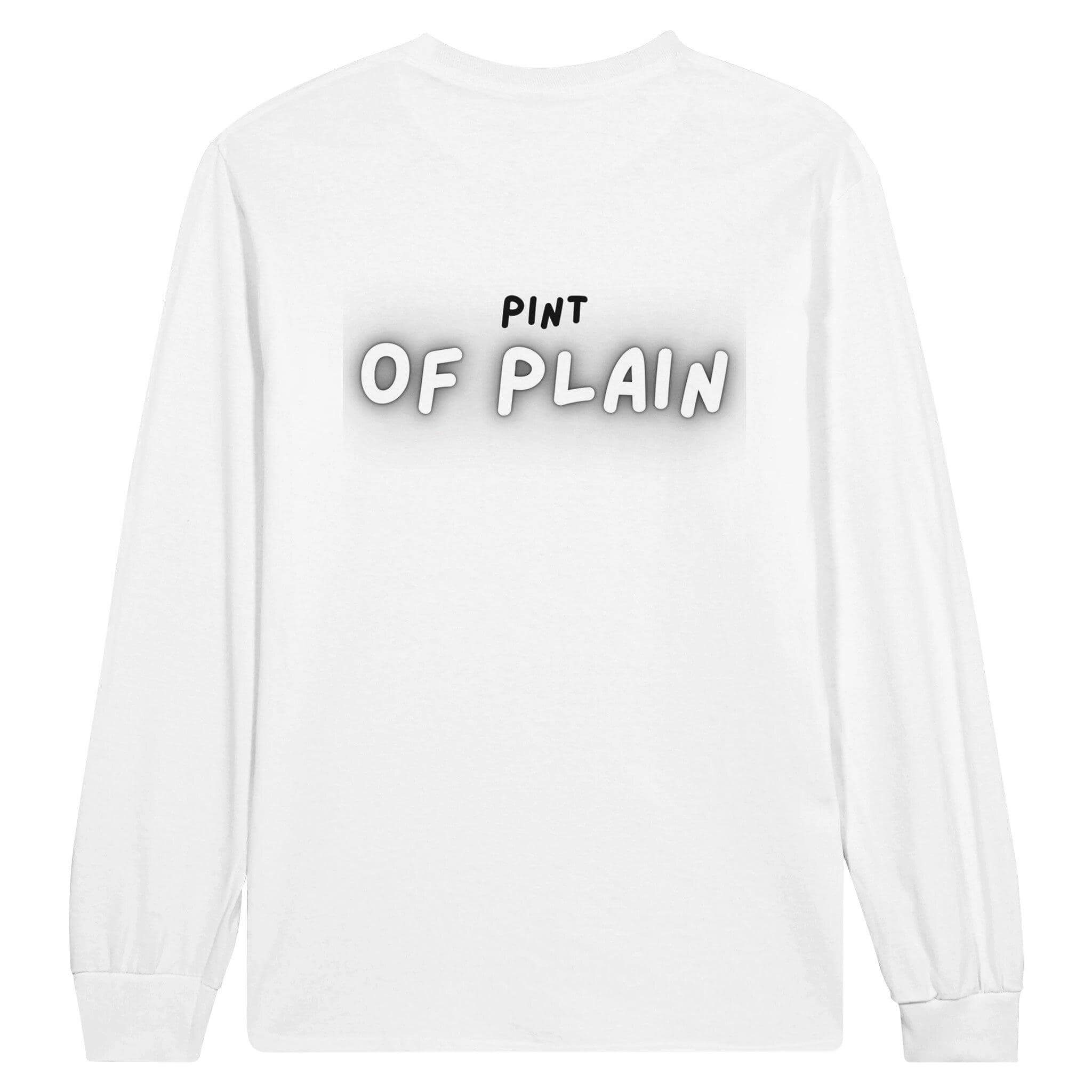 Back view of Pint of Plain long sleeve unisex T-shirt, perfect for pint lovers who enjoy casual style and comfort.