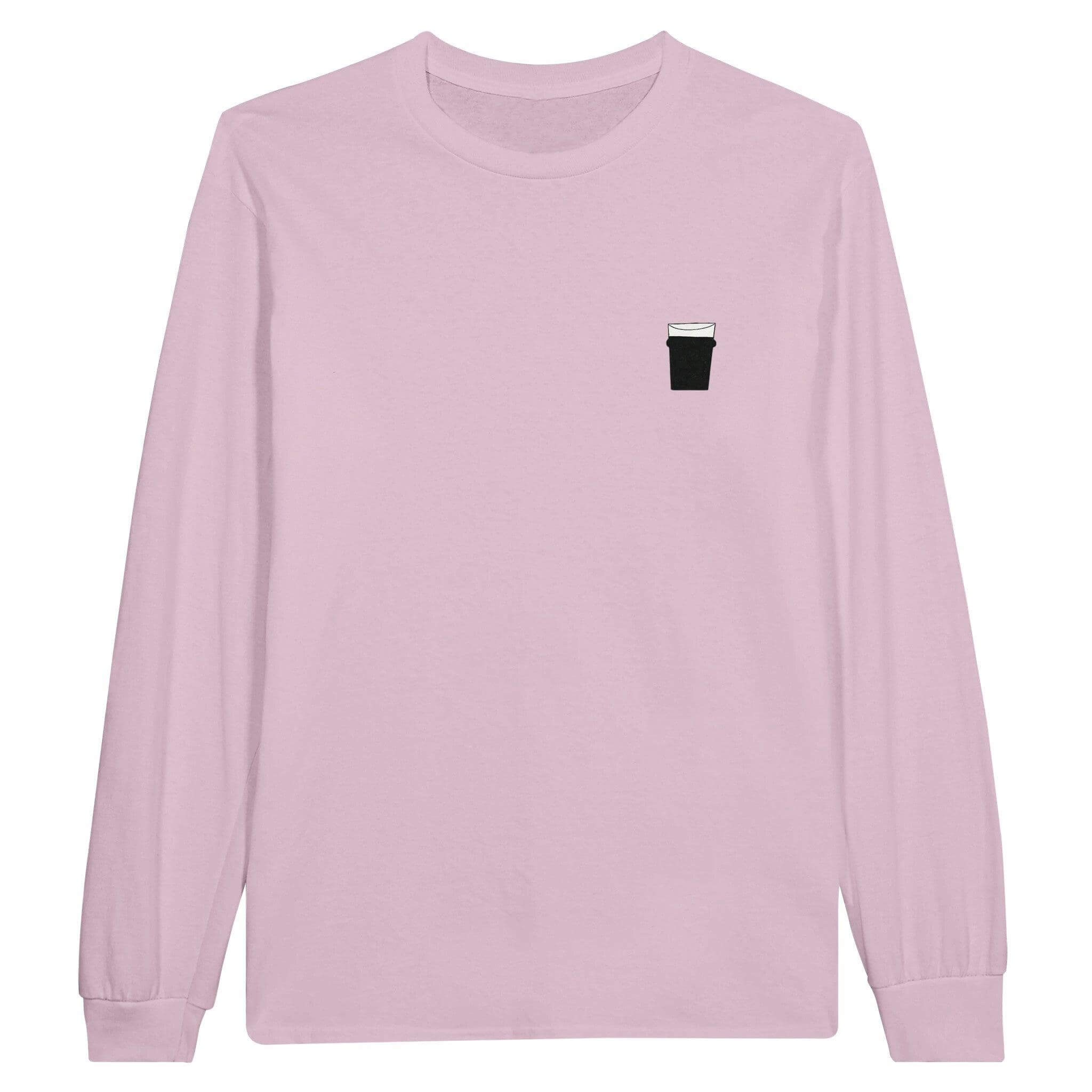 Light pink long sleeve unisex t-shirt featuring a pint glass graphic, perfect for beer lovers and casual outings.