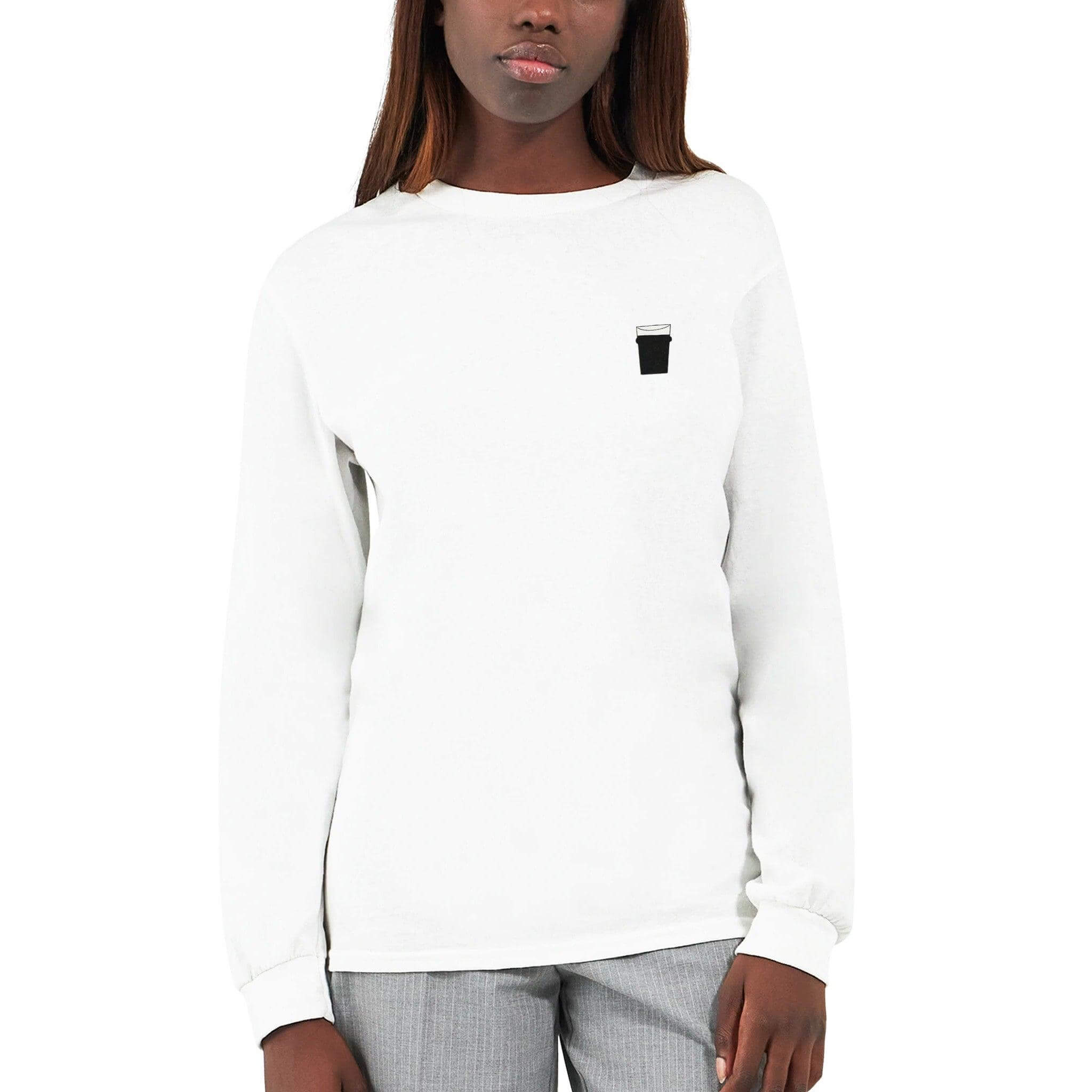 Unisex long sleeve white t-shirt with pint glass graphic, perfect for beer lovers and casual outings.