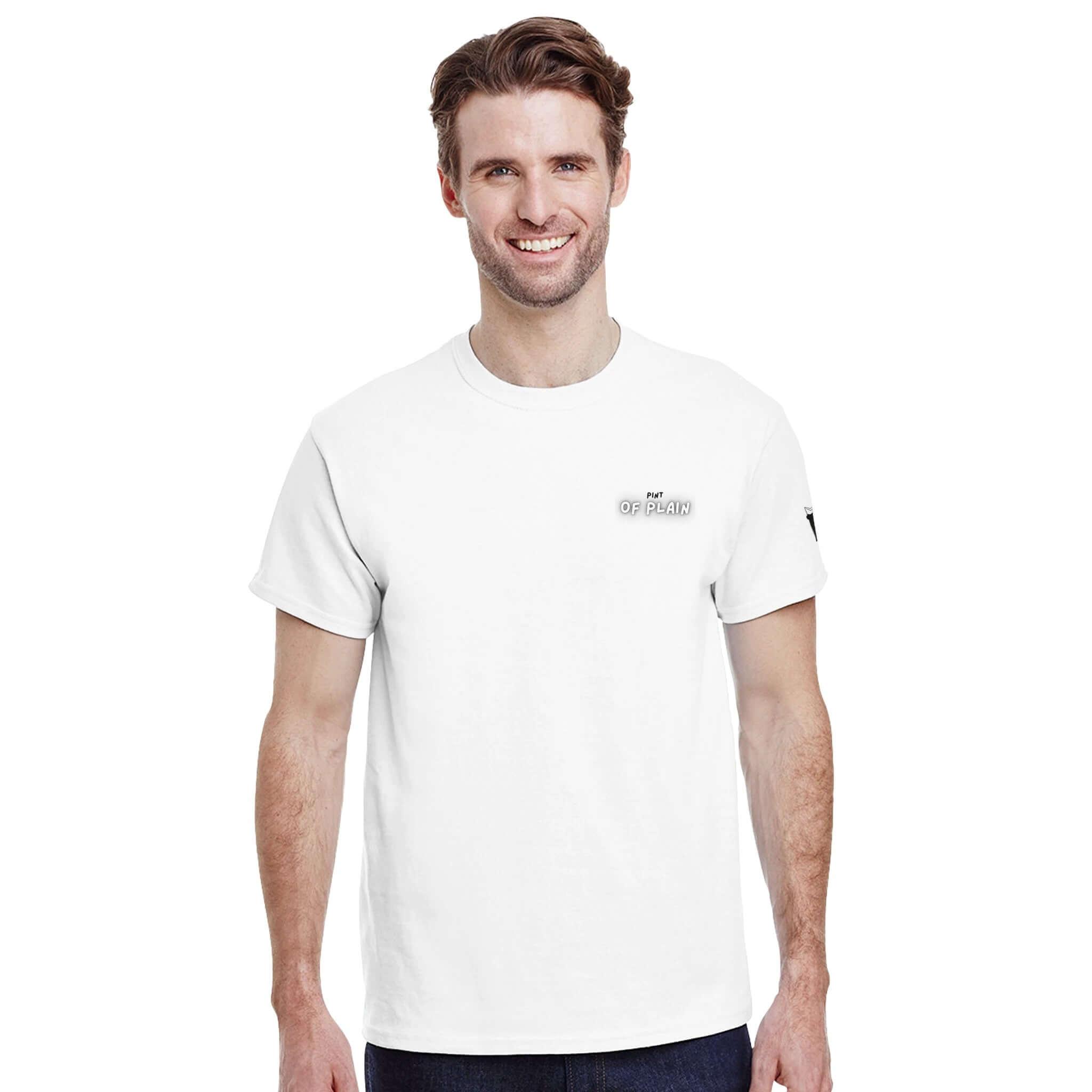 White Pint of Plain Uni-Sex T-Shirt worn by smiling man, inspired by Guinness heritage for beer lovers.