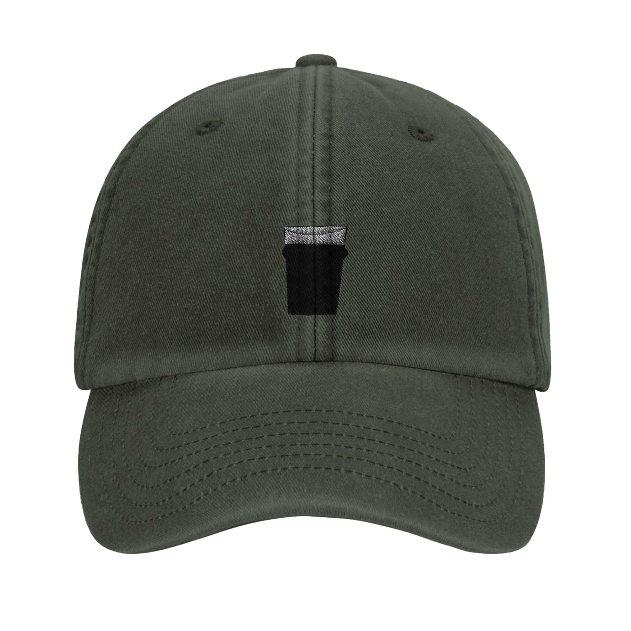 Pint of Plain Vintage Dad Hat in olive green with embroidered pint glass design, perfect for beer lovers.