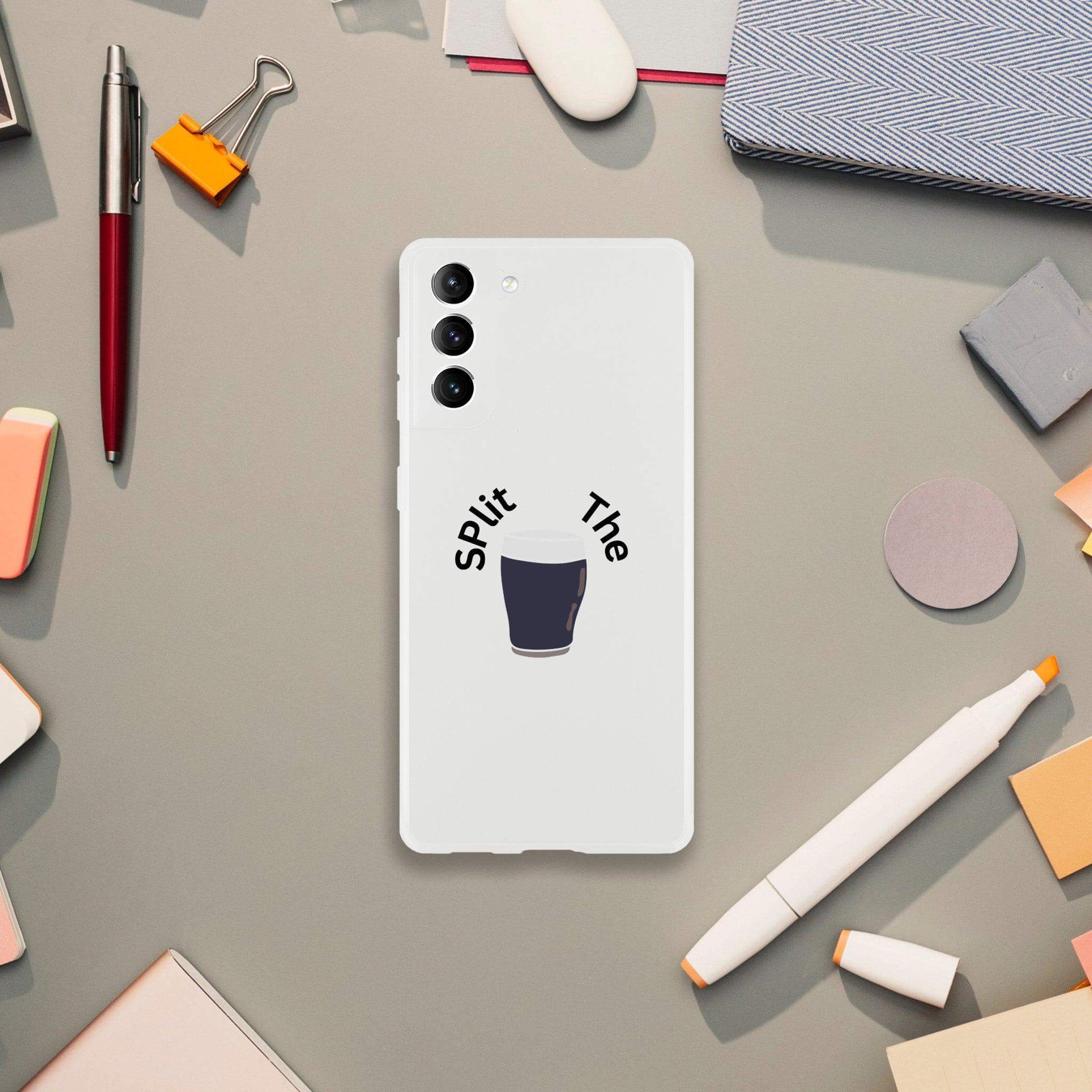 Split the G Phone Case featuring Guinness design on a stylish background with office supplies.