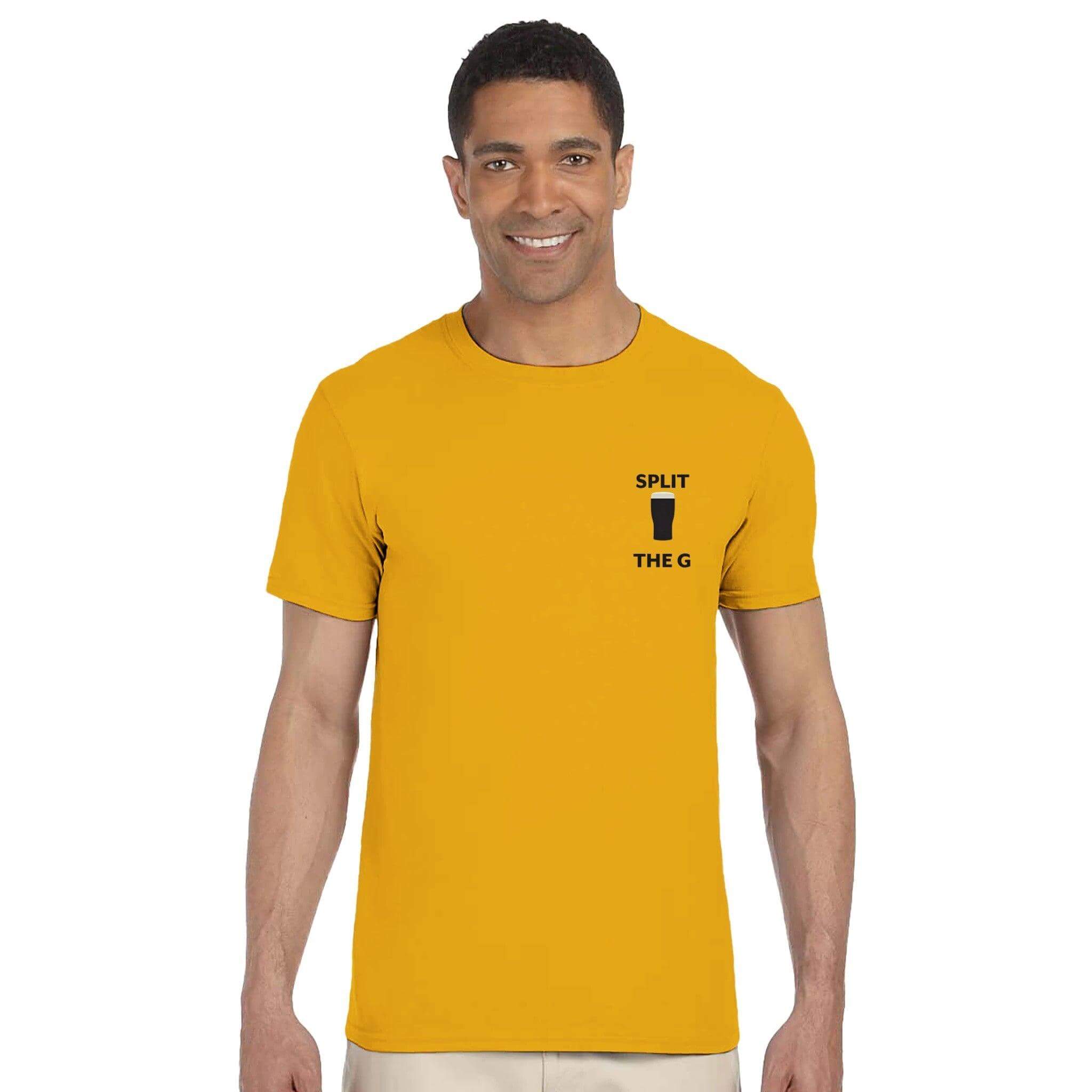 Man wearing a yellow Split The G T-Shirt inspired by Guinness, showcasing a stylish beer-themed design.