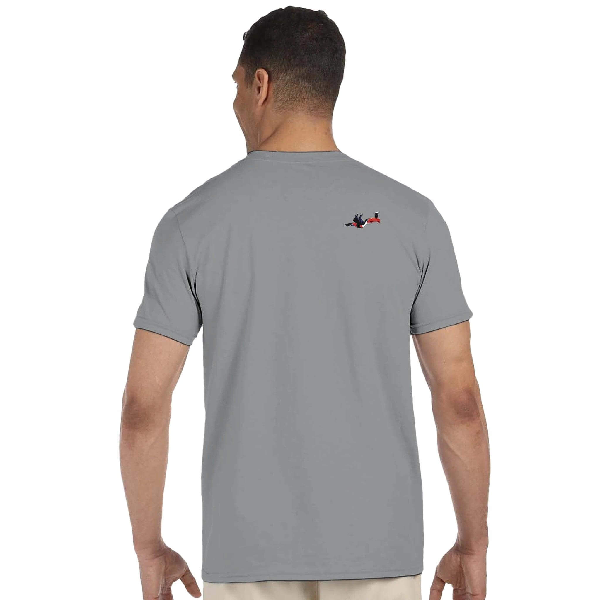 Back view of a man wearing a gray Split The G T-Shirt, showcasing its sleek design inspired by Guinness.