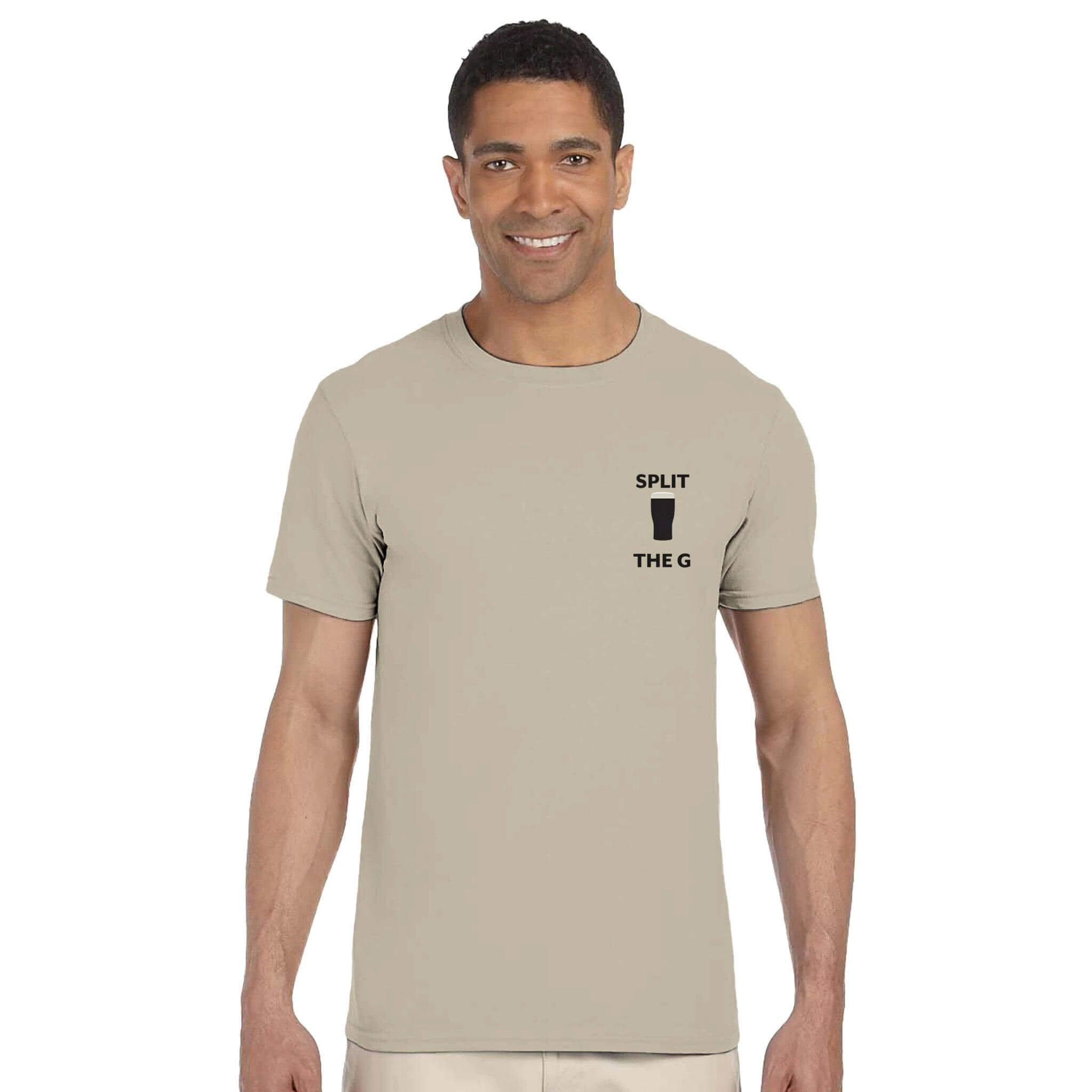 Man wearing a Split The G T-Shirt featuring a Guinness-inspired design, showcasing a love for stout beer.