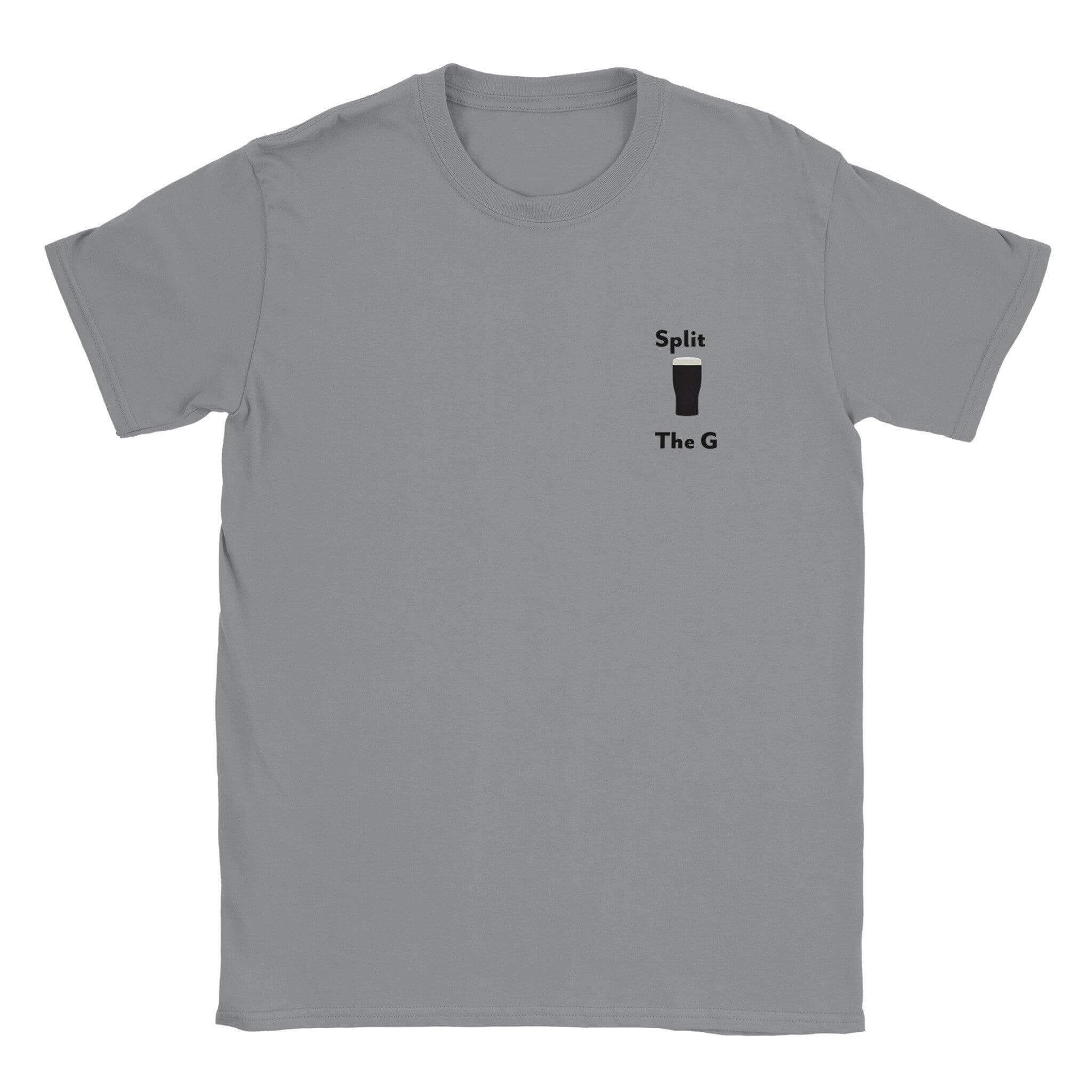 Split The G T-Shirt in gray, featuring a pint design for Guinness lovers.