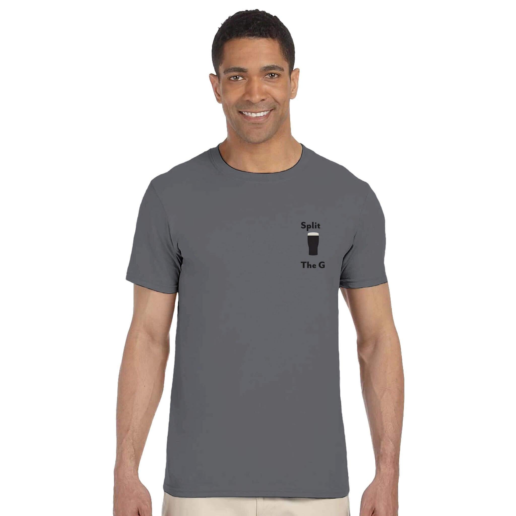 Man wearing a gray Split The G T-Shirt with a Guinness-themed design celebrating iconic stout culture.