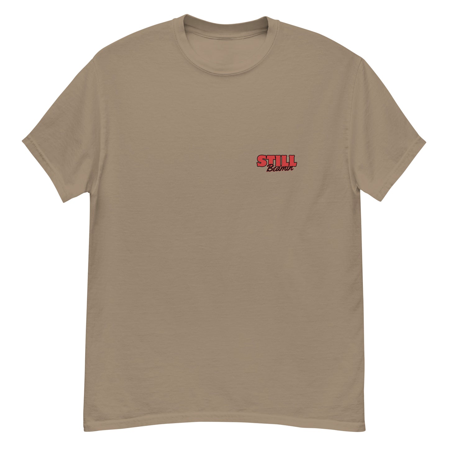 Brewed in Ireland Beamish Retro Tee in beige with red badge, stylish unisex fit perfect for stout lovers.