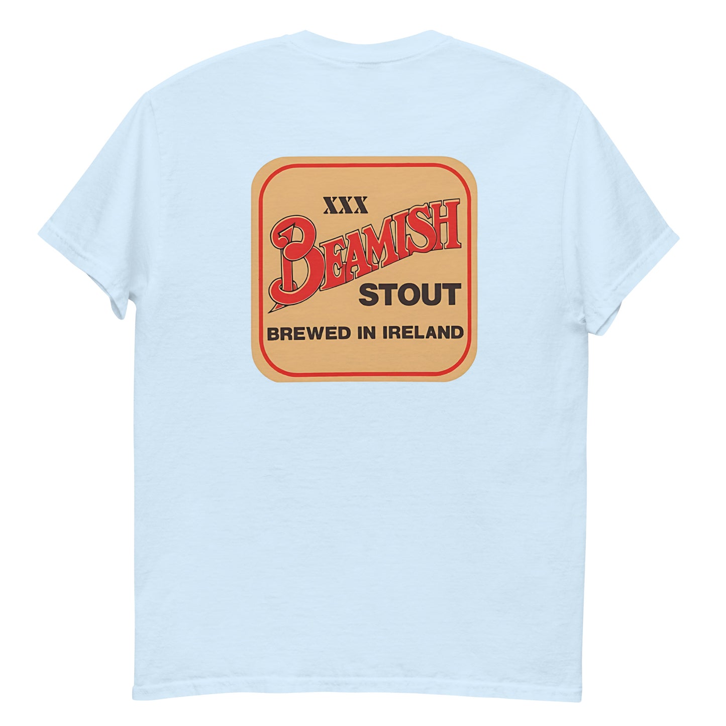 Brewed in Ireland Beamish Retro Tee featuring vintage stout logo on light blue fabric, perfect for bold Irish heritage fans.