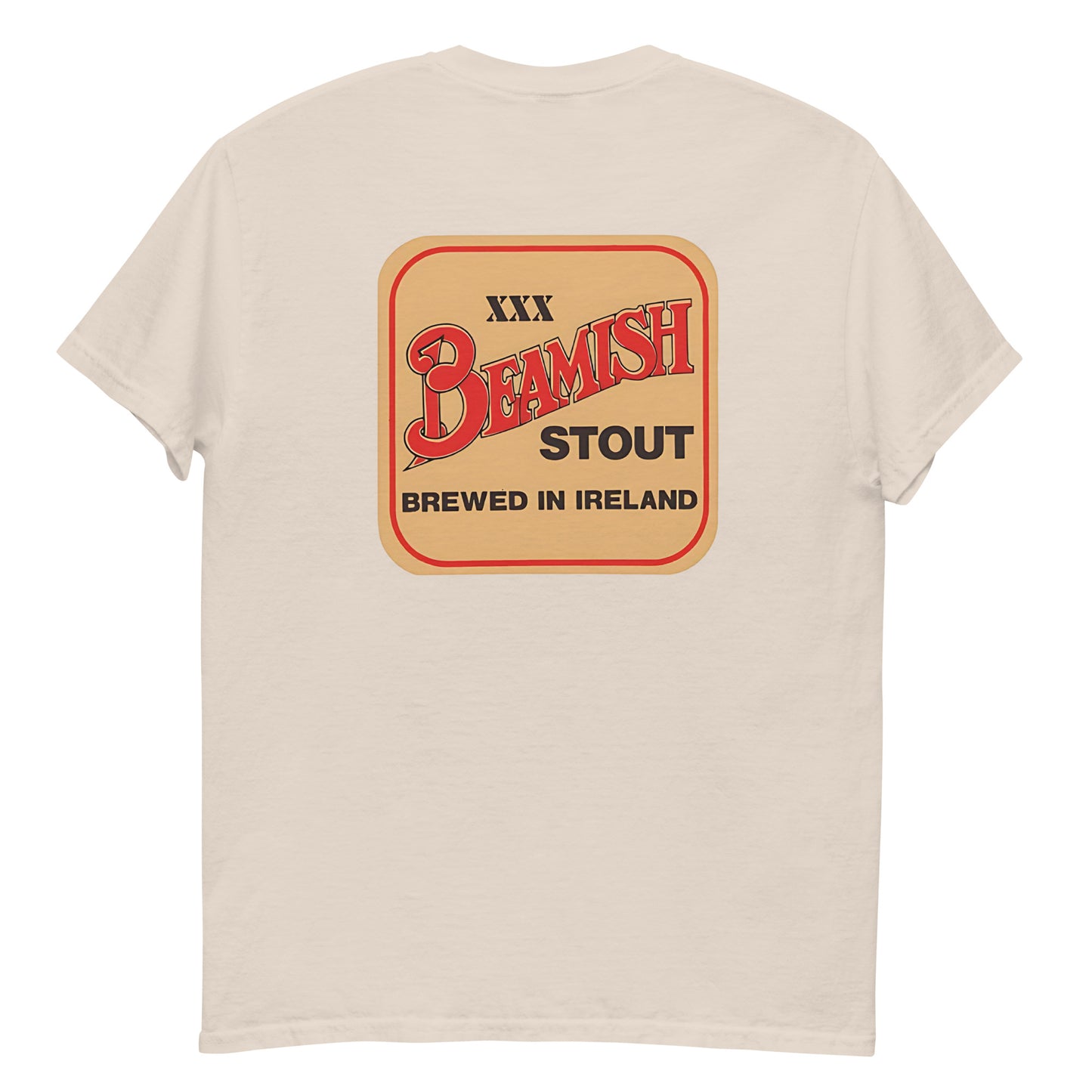 Back view of Beamish Retro Tee showcasing vintage stout badge, celebrating Irish heritage and style.