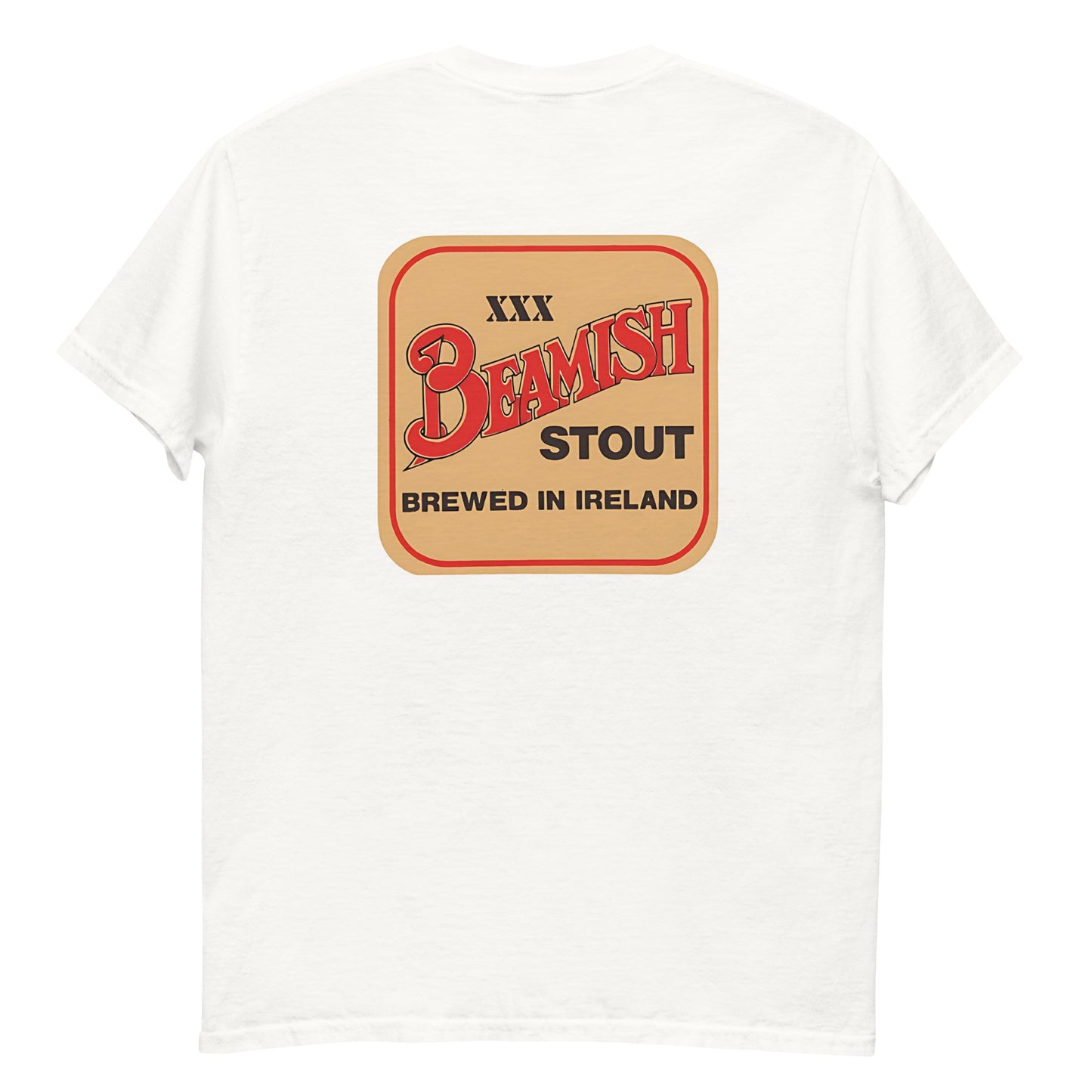 Back view of the Beamish Retro Tee with vintage stout badge, featuring 'Brewed in Ireland' in bold red and cream colors.