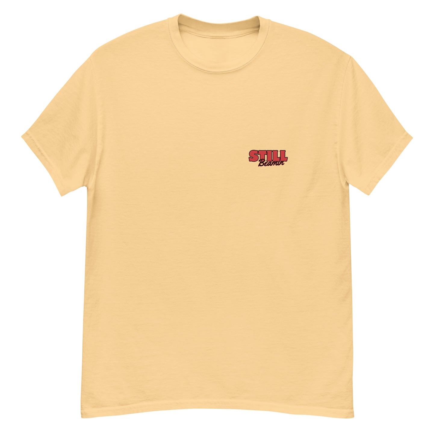 Brewed in Ireland Beamish Retro Tee, bold yellow shirt with vintage red Beamish badge, perfect for stout lovers.
