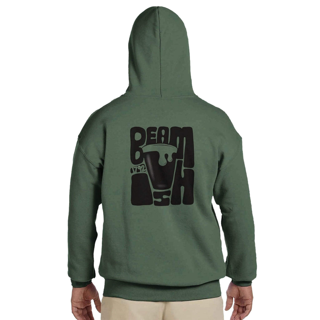 Back view of Beamish Irish Stout hoodie in green, showcasing bold graphics for stout lovers.