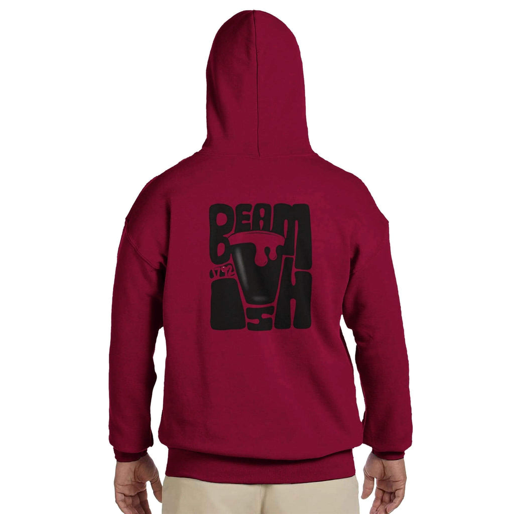 Back view of Beamish Irish Stout hoodie in burgundy, showcasing bold graphic design for stout lovers.