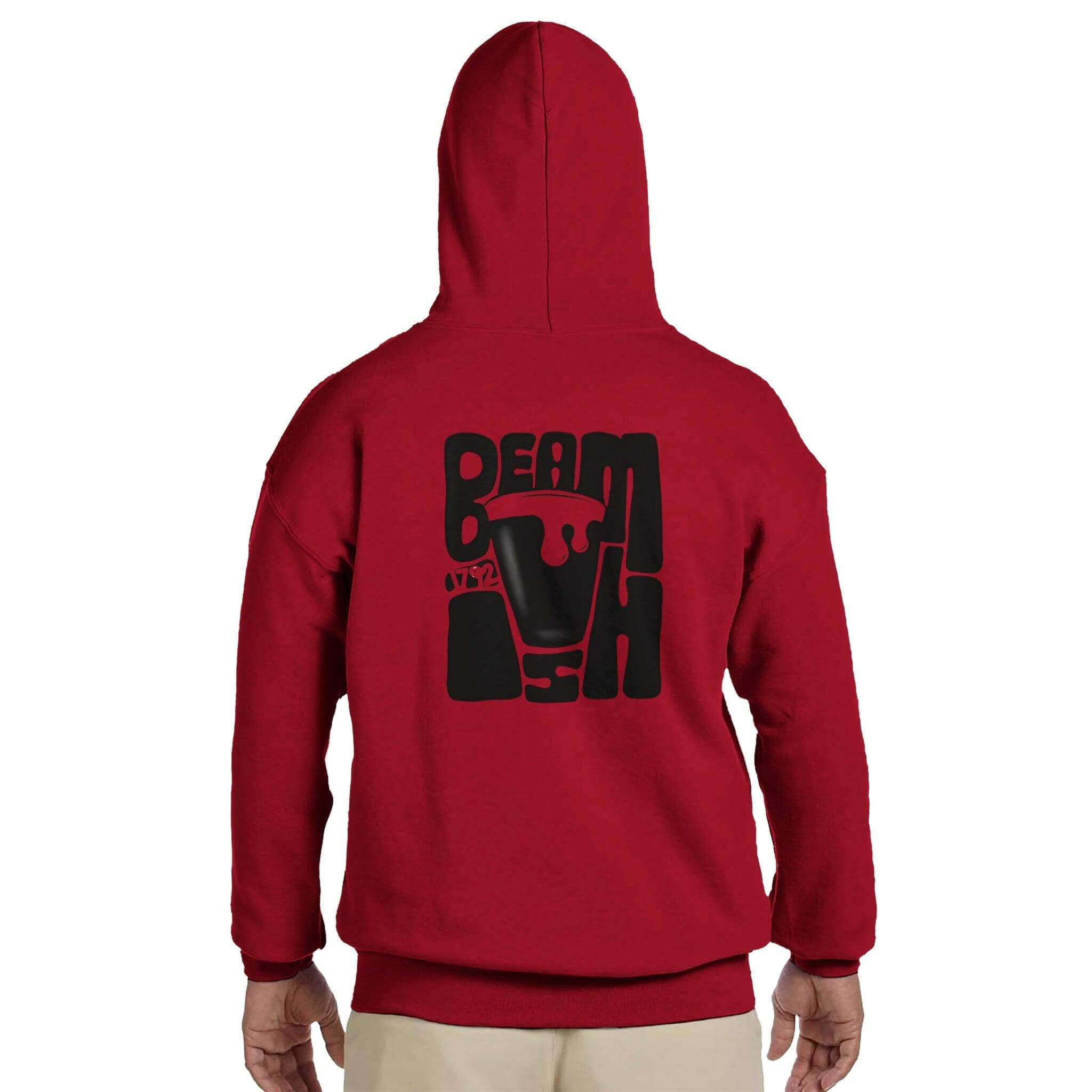 Beamish Irish Stout hoodie in red featuring stylish graphic on back, perfect for comfy casual wear.