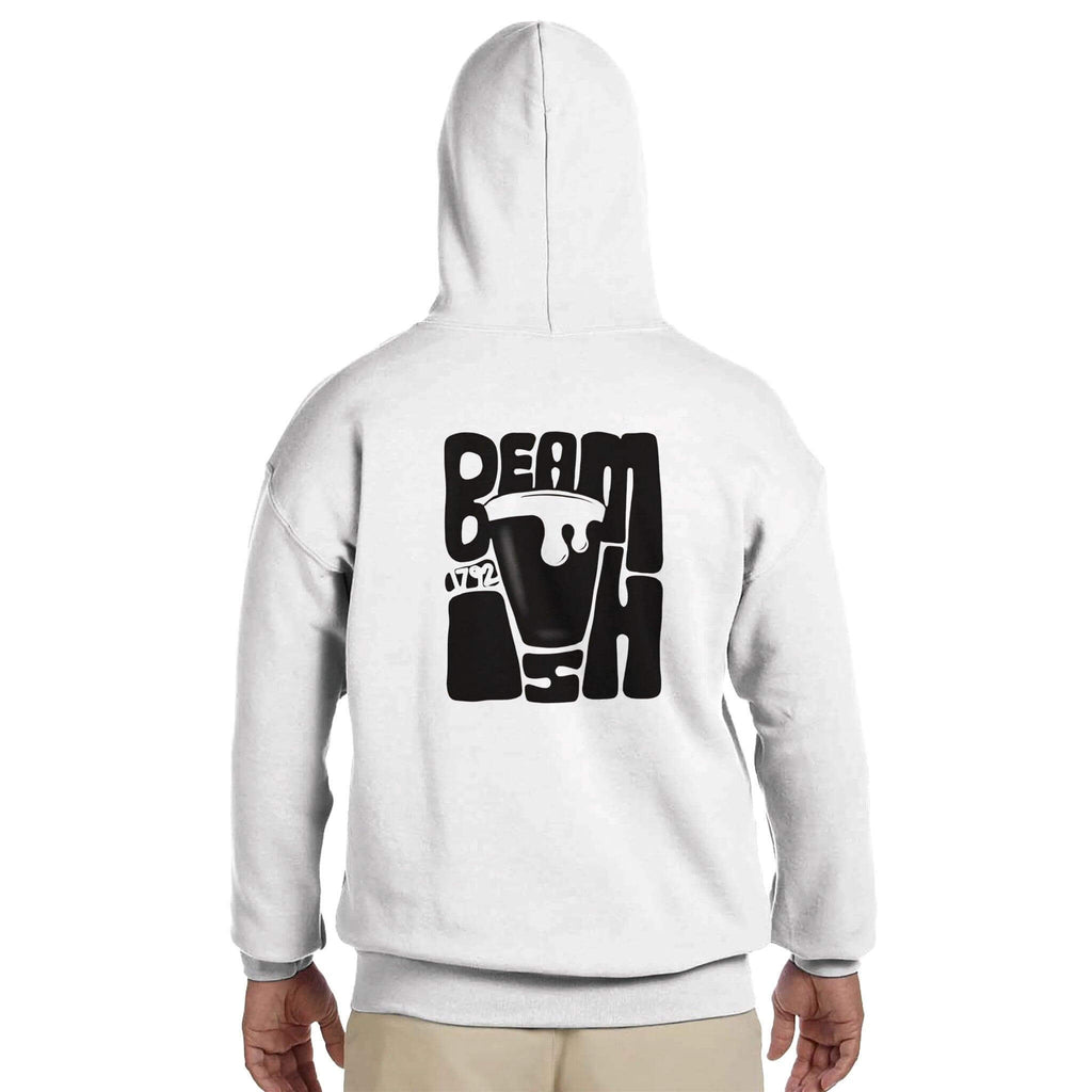 Beamish Irish Stout hoodie in cream color showcasing unique graphic design on the back, perfect for stout lovers.
