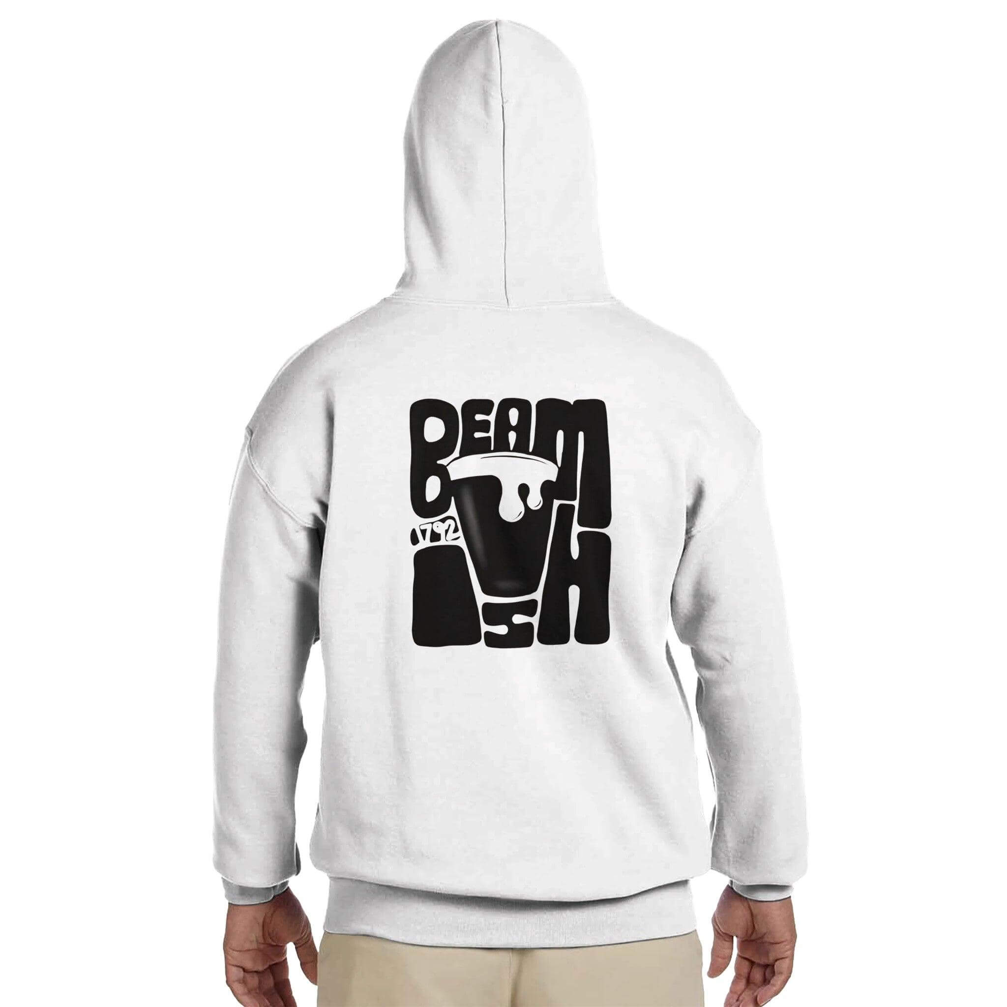 Beamish Irish Stout hoodie in cream color showcasing unique graphic design on the back, perfect for stout lovers.