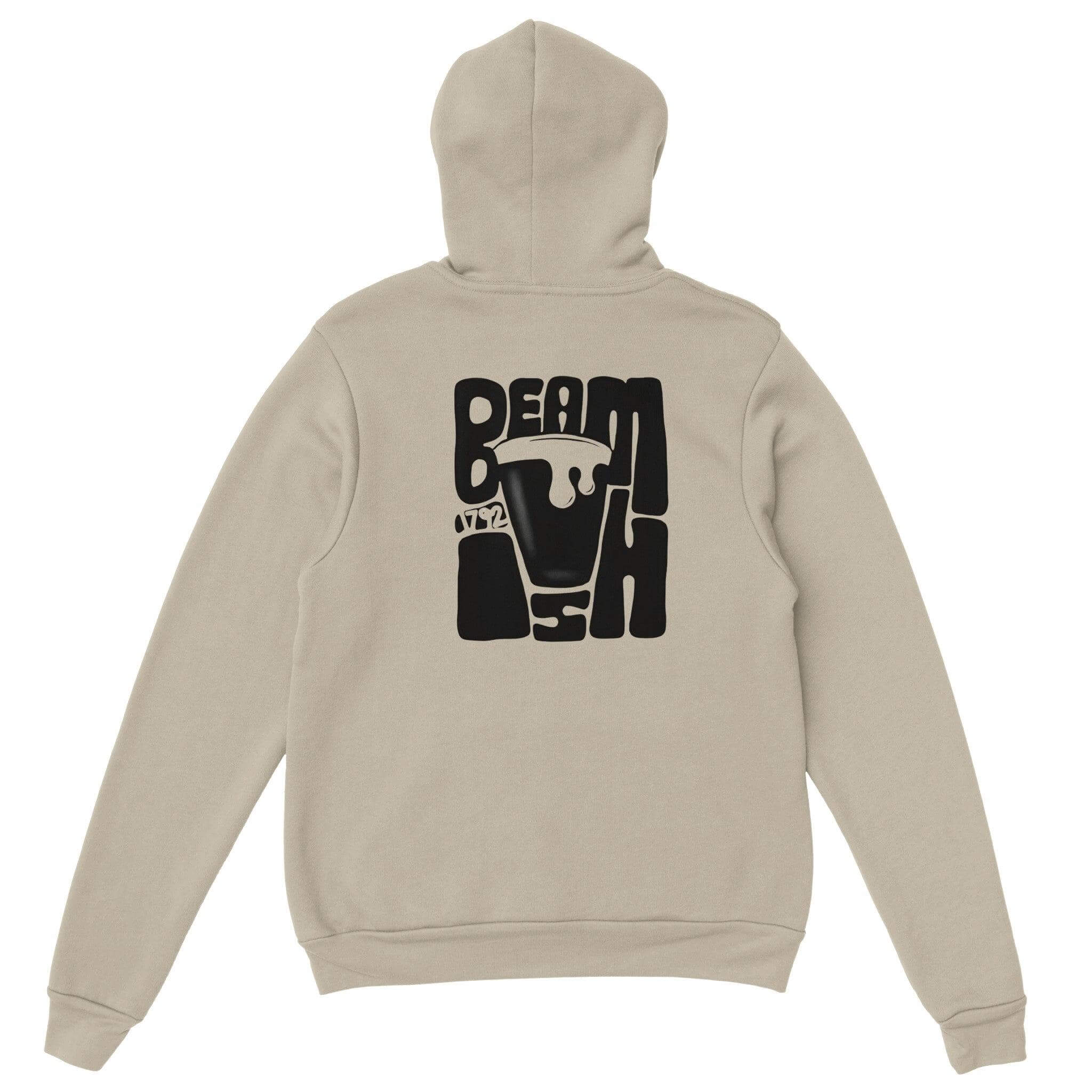 Back view of Beamish Irish Stout Hoodie in cream color, featuring unique graphic design and double-lined hood.