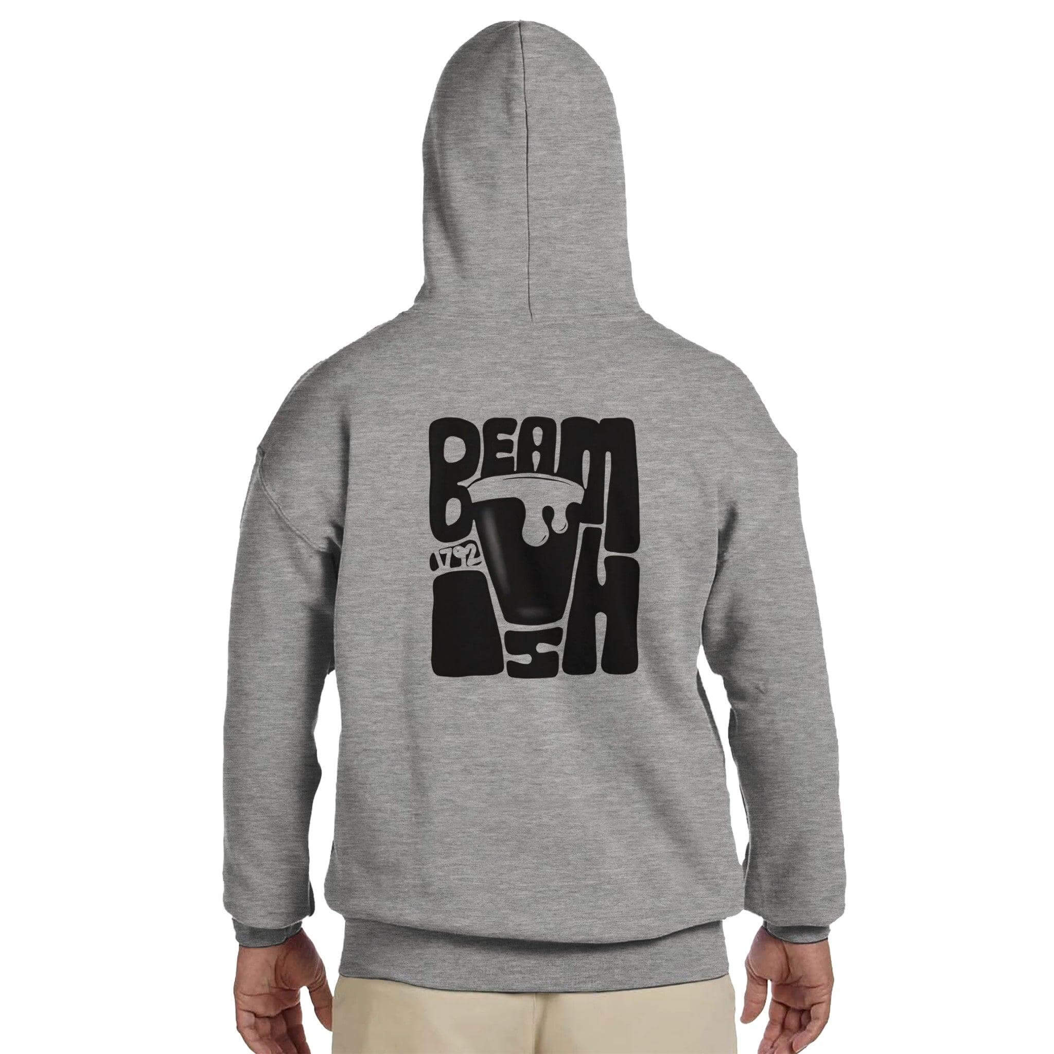 Back view of Beamish Irish Stout hoodie showcasing the stylish logo on a grey background, perfect for stout lovers.