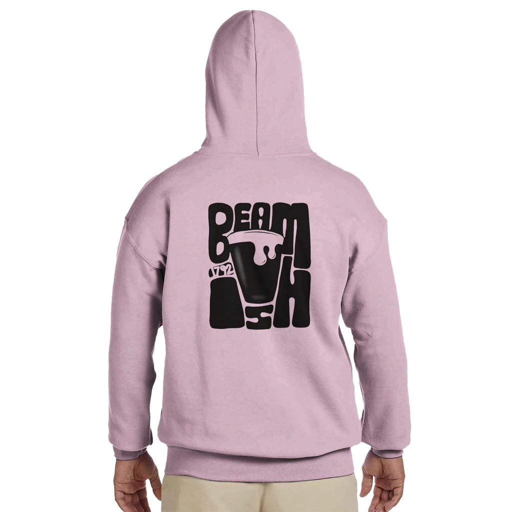 Beamish Irish Stout hoodie in pink with bold black design, perfect for cozy casual wear and stout enthusiasts.
