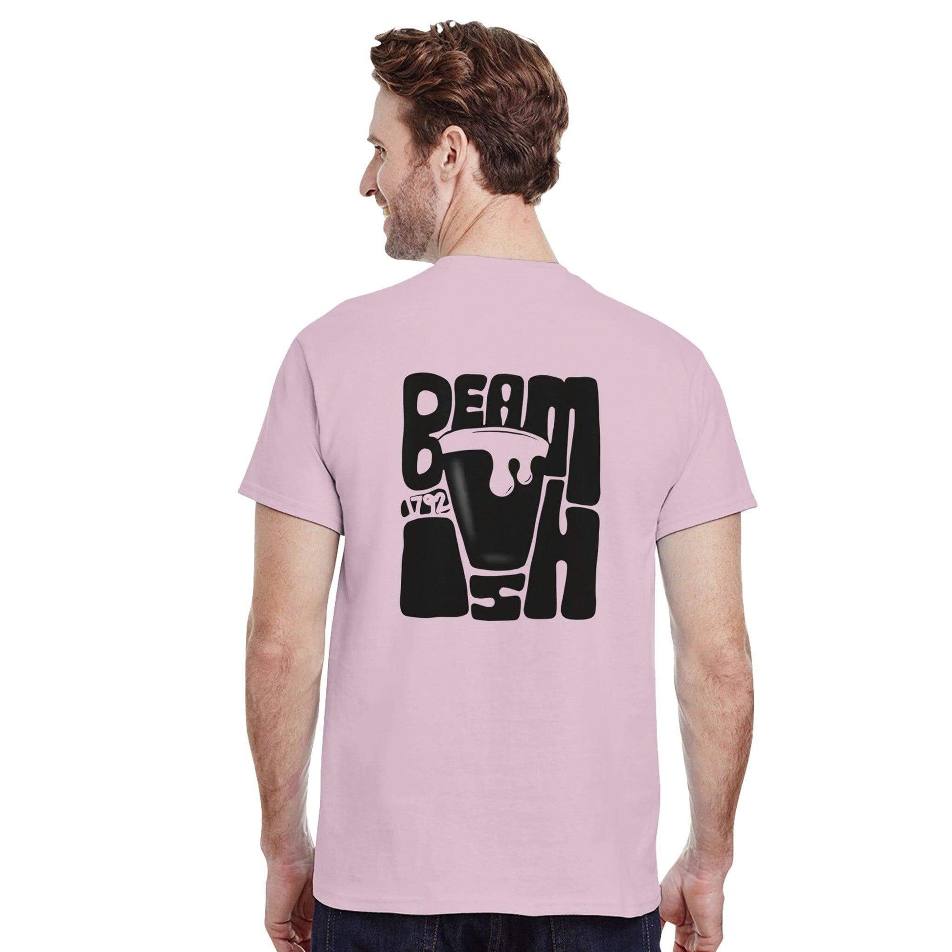 Man wearing a pink Beamish Irish Stout t-shirt featuring bold black graphic design on the back.
