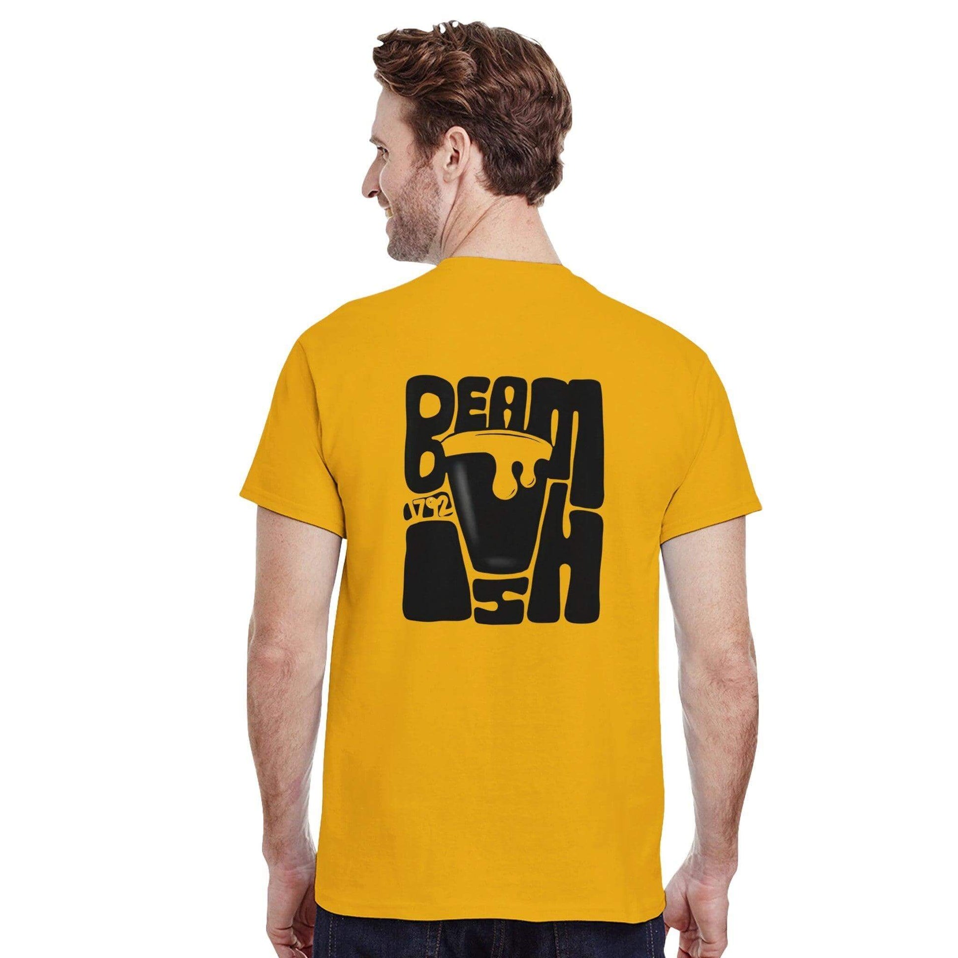 Back view of a man wearing a vibrant yellow Beamish Irish Stout T-Shirt showcasing bold, fun graphics.
