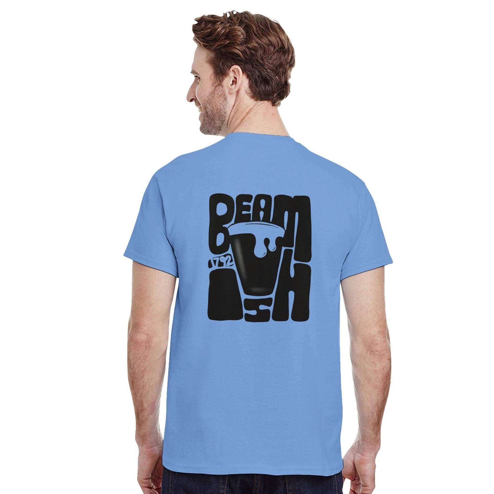 Man wearing a blue Beamish Irish Stout T-Shirt with bold, fun back design showcasing the brand.