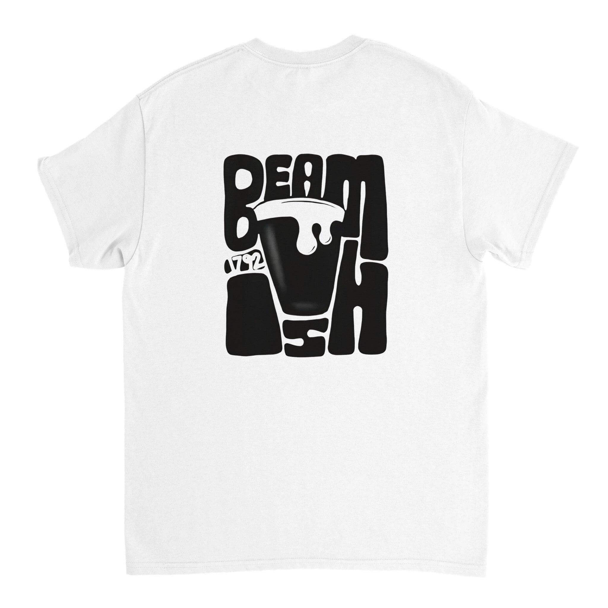 Beamish Irish Stout T-Shirt back design featuring bold black lettering and iconic stout imagery on a white shirt.