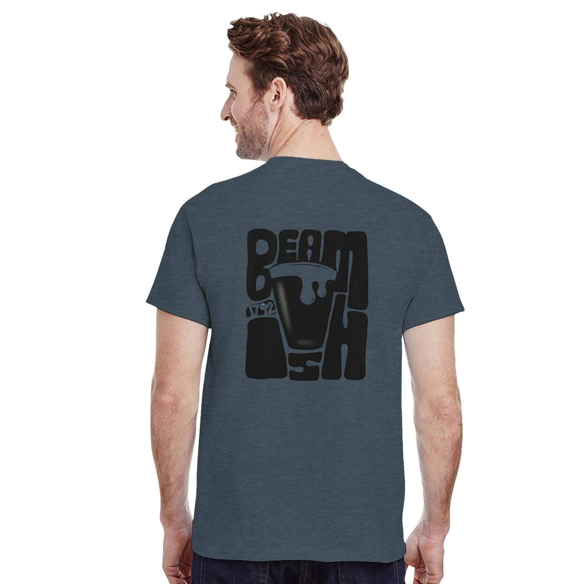 Back view of a man wearing a Beamish Irish Stout T-Shirt, showcasing a graphic design featuring the word 'Beamish'.