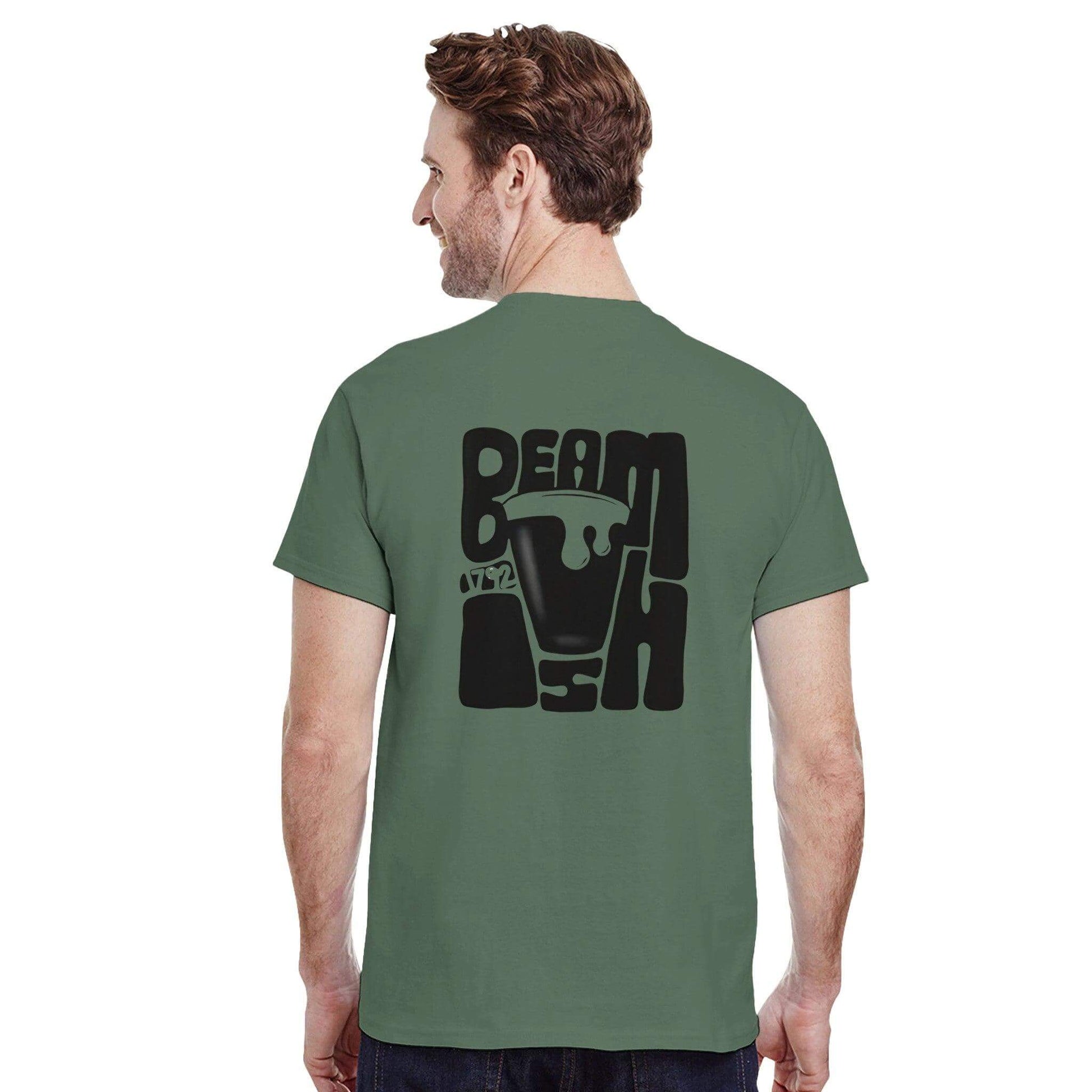 Back view of a man wearing a Beamish Irish Stout T-Shirt in green, featuring bold graphic design celebrating the stout.