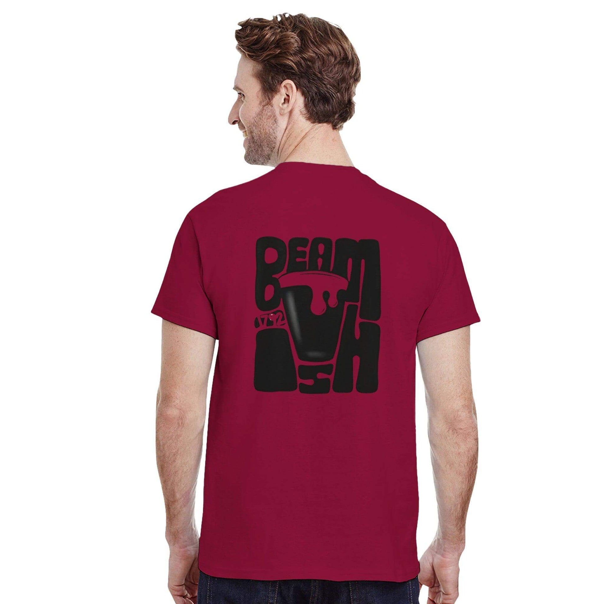 Back view of a man wearing a maroon Beamish Irish Stout T-Shirt showcasing a bold graphic design.