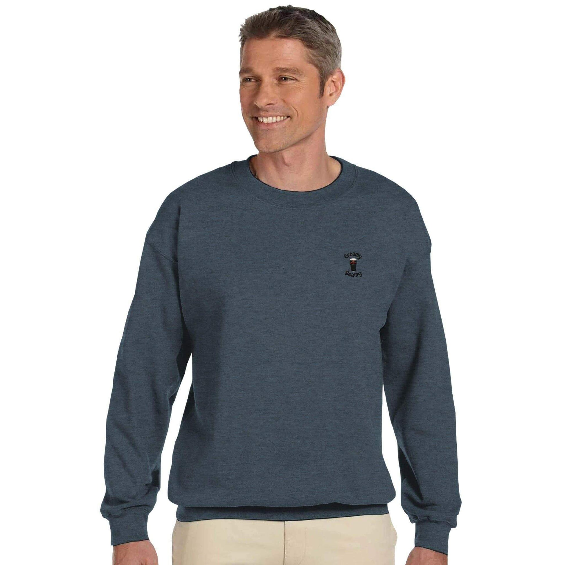 Man wearing the Creamy Beamy Beamish Irish Stout Sweatshirt for ultimate comfort and style.