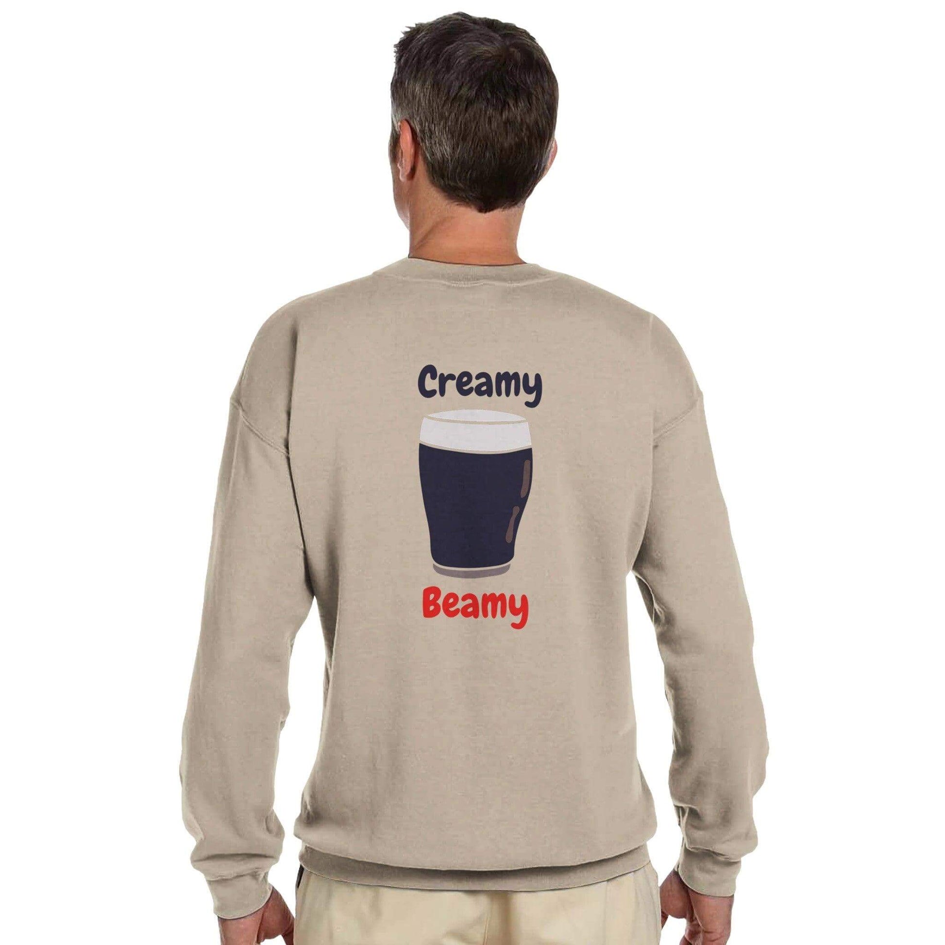 Back view of a Creamy Beamy Irish Stout sweatshirt featuring a beer glass graphic and colorful lettering.
