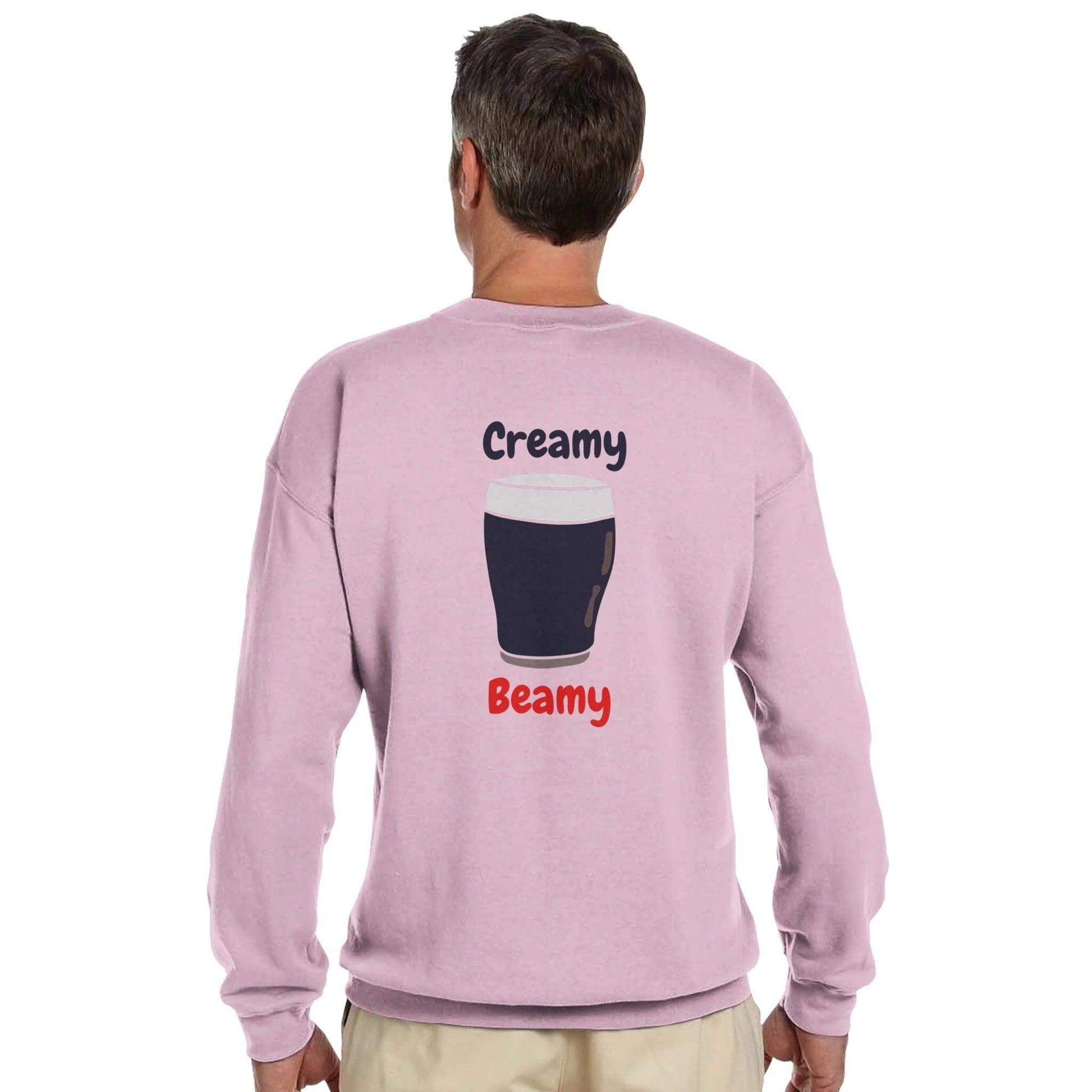 Back view of a Creamy Beamy Irish Stout sweatshirt featuring a pint graphic, ideal for Beamish drinkers.