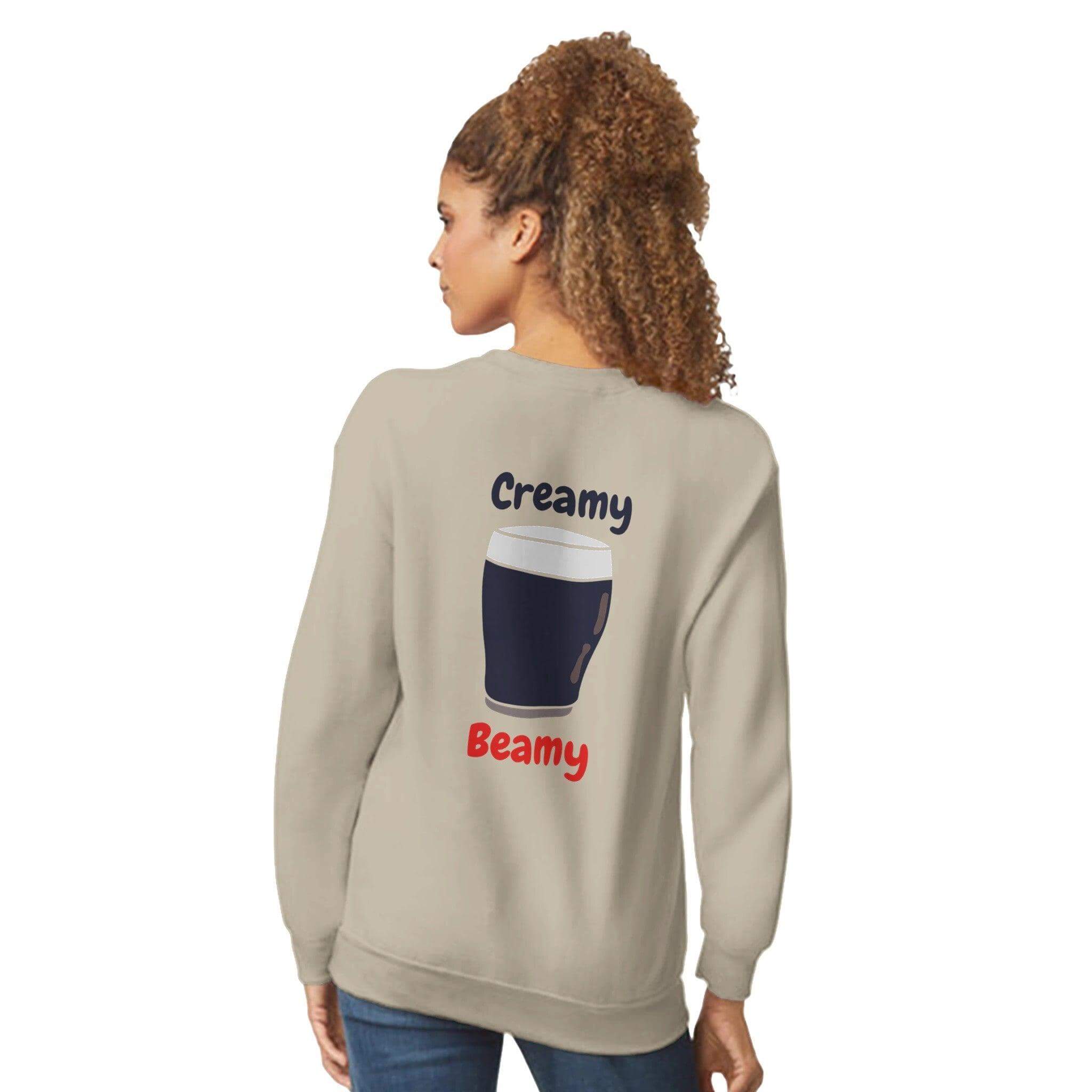 Creamy Beamy Irish Stout sweatshirt featuring a pint graphic on the back, perfect for Beamish drink lovers.