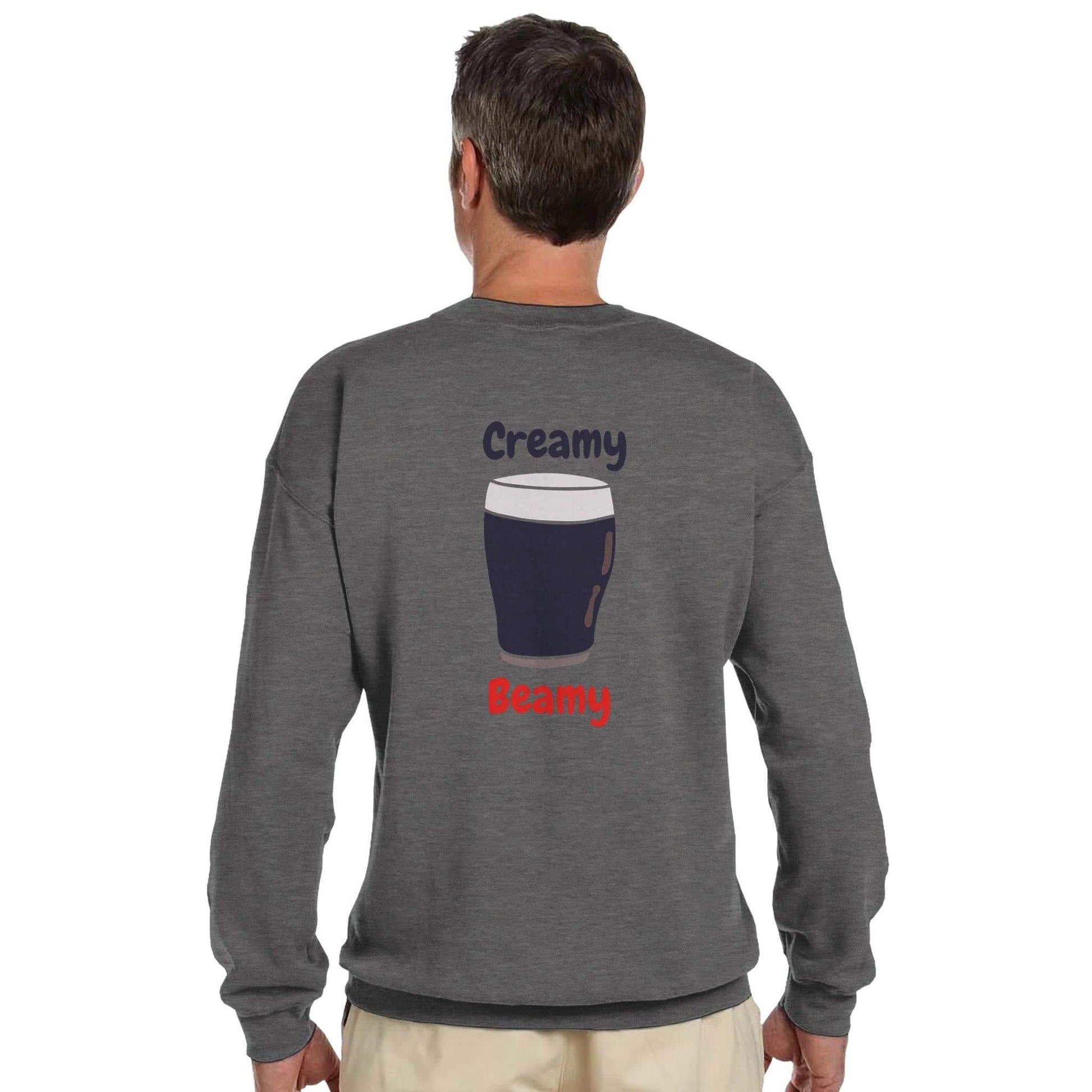 Back of Creamy Beamy Irish Stout sweatshirt featuring a pint graphic and text design.