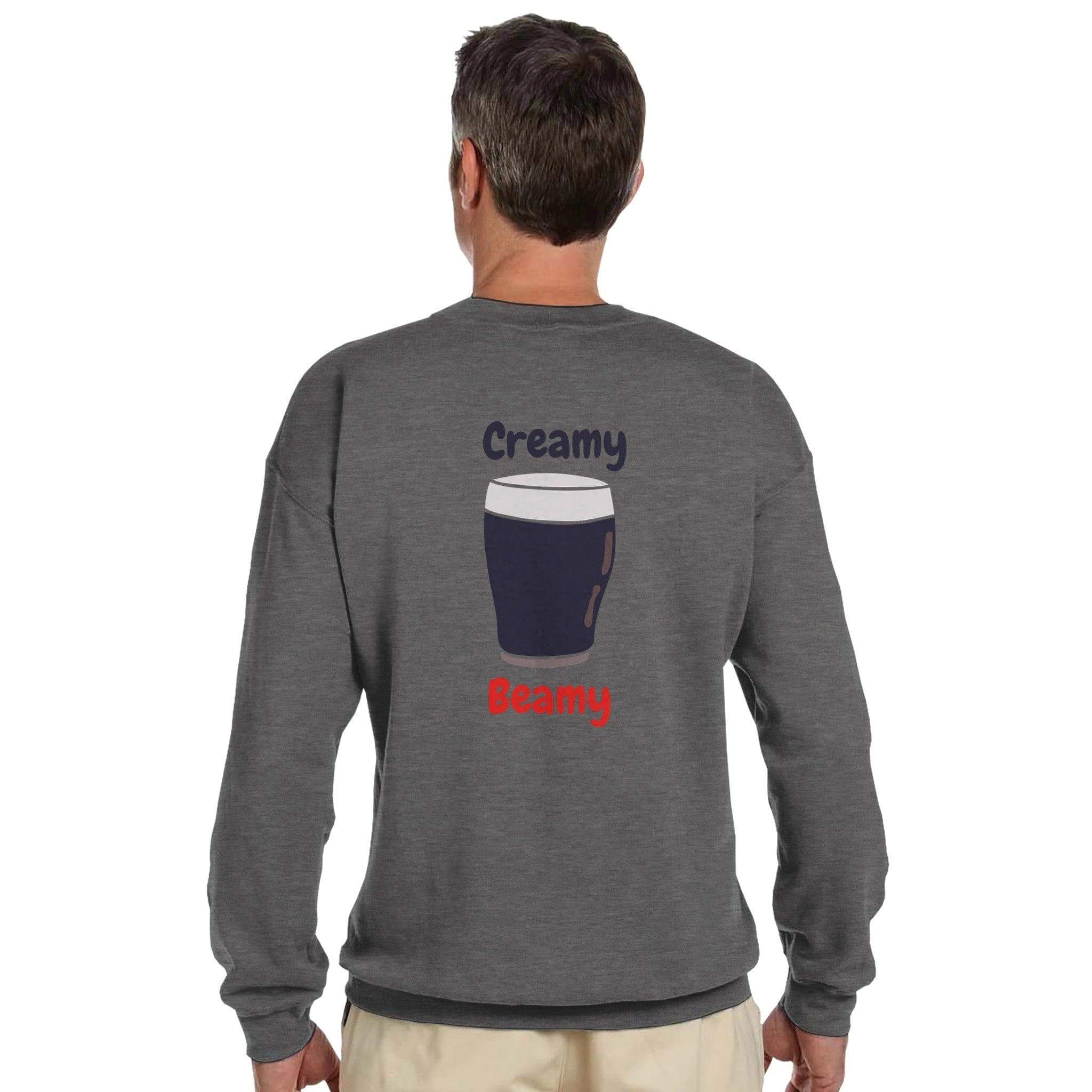 Back of Creamy Beamy Irish Stout sweatshirt featuring a pint graphic and text design.
