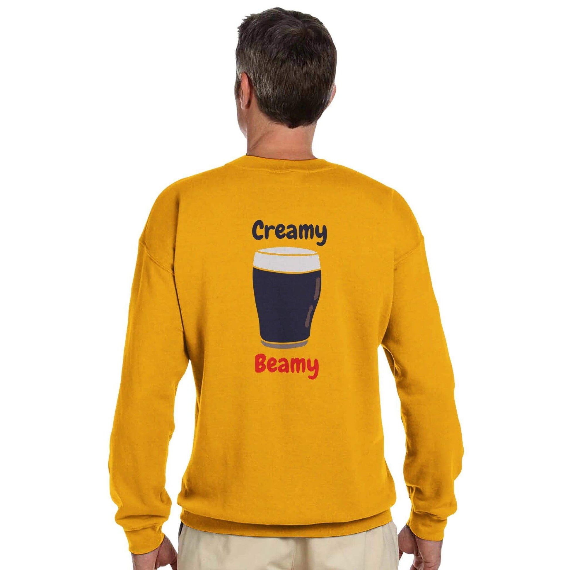 Creamy Beamy Irish Stout sweatshirt featuring a pint graphic on the back, perfect for Beamish drinkers.