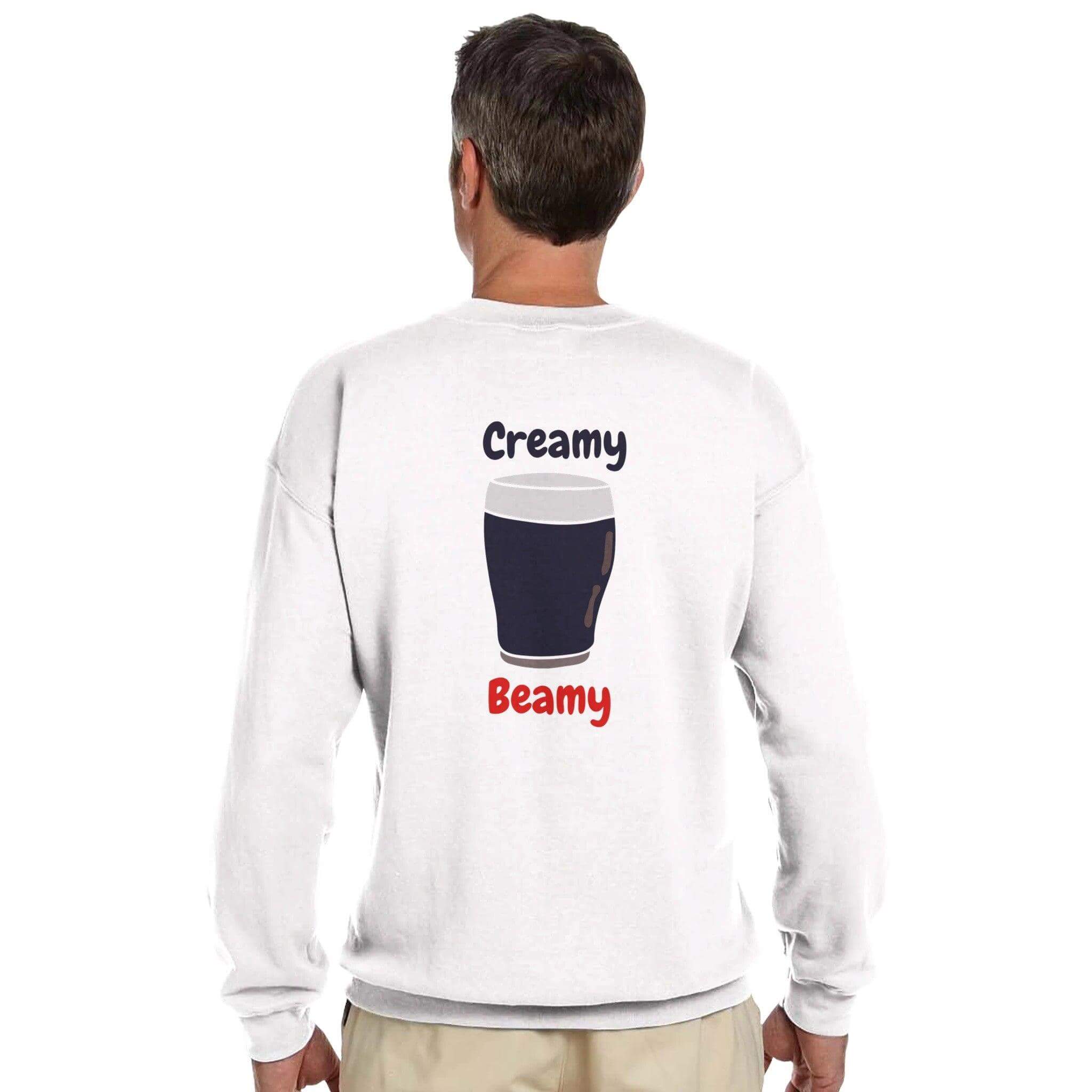 Back view of Creamy Beamy Irish Stout sweatshirt featuring a stylish pint glass design.