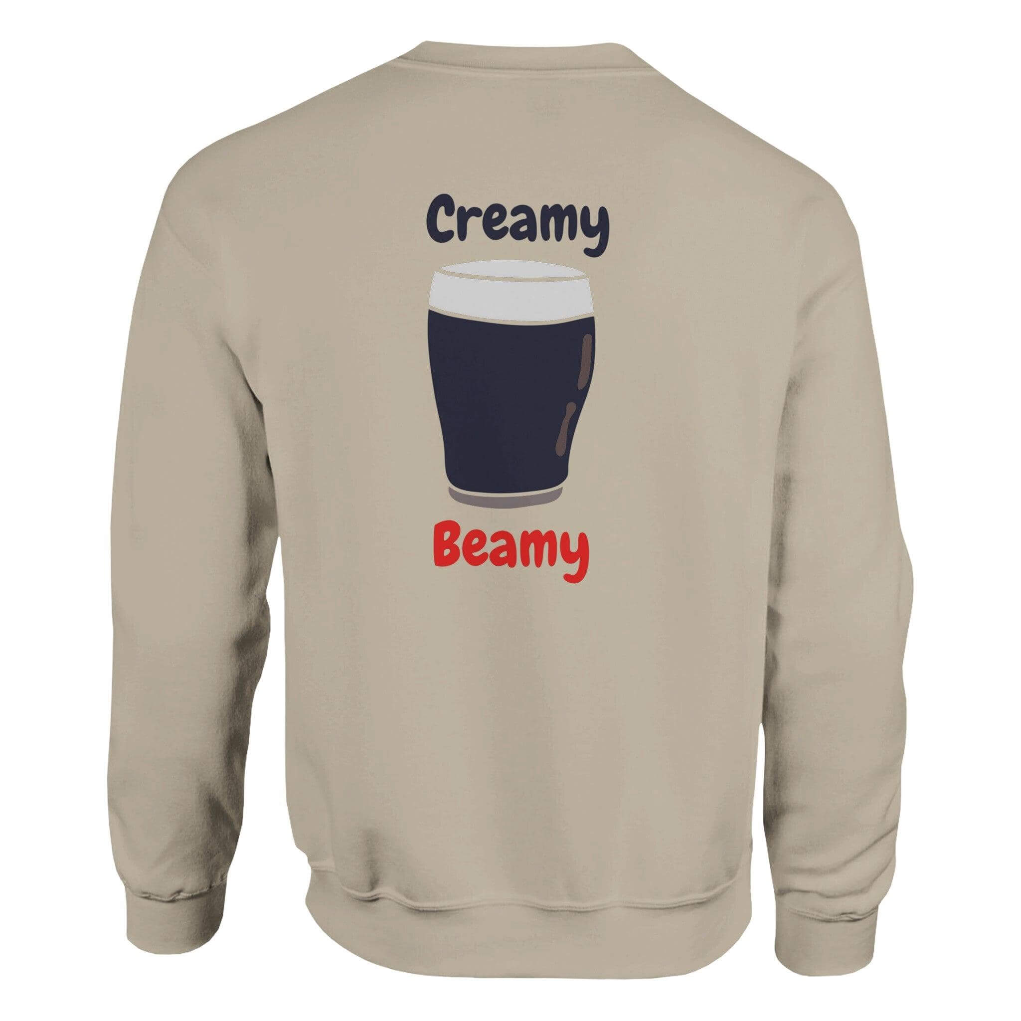 Creamy Beamy Irish Stout sweatshirt design featuring a beer glass illustration, perfect for fans of Beamish.