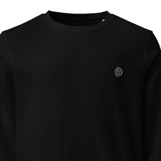 Front view of Creamy Beamy Organic Sweatshirt in black with embroidered logo, stylish and cozy for vintage design lovers.