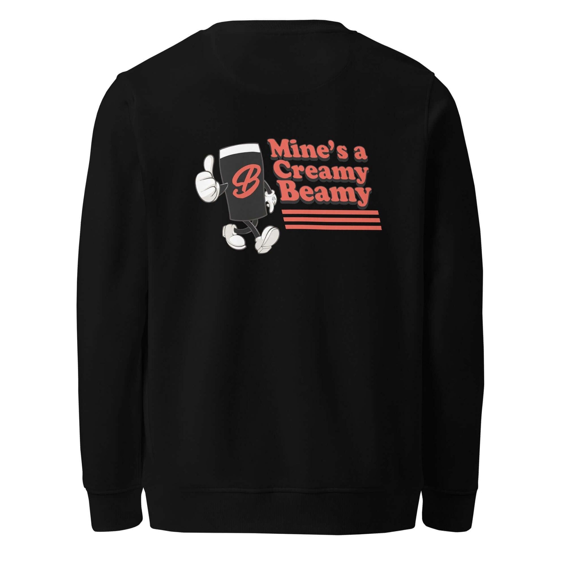 Back view of Creamy Beamy Organic Sweatshirt with vintage pint design and embroidered logo, perfect for stout lovers.